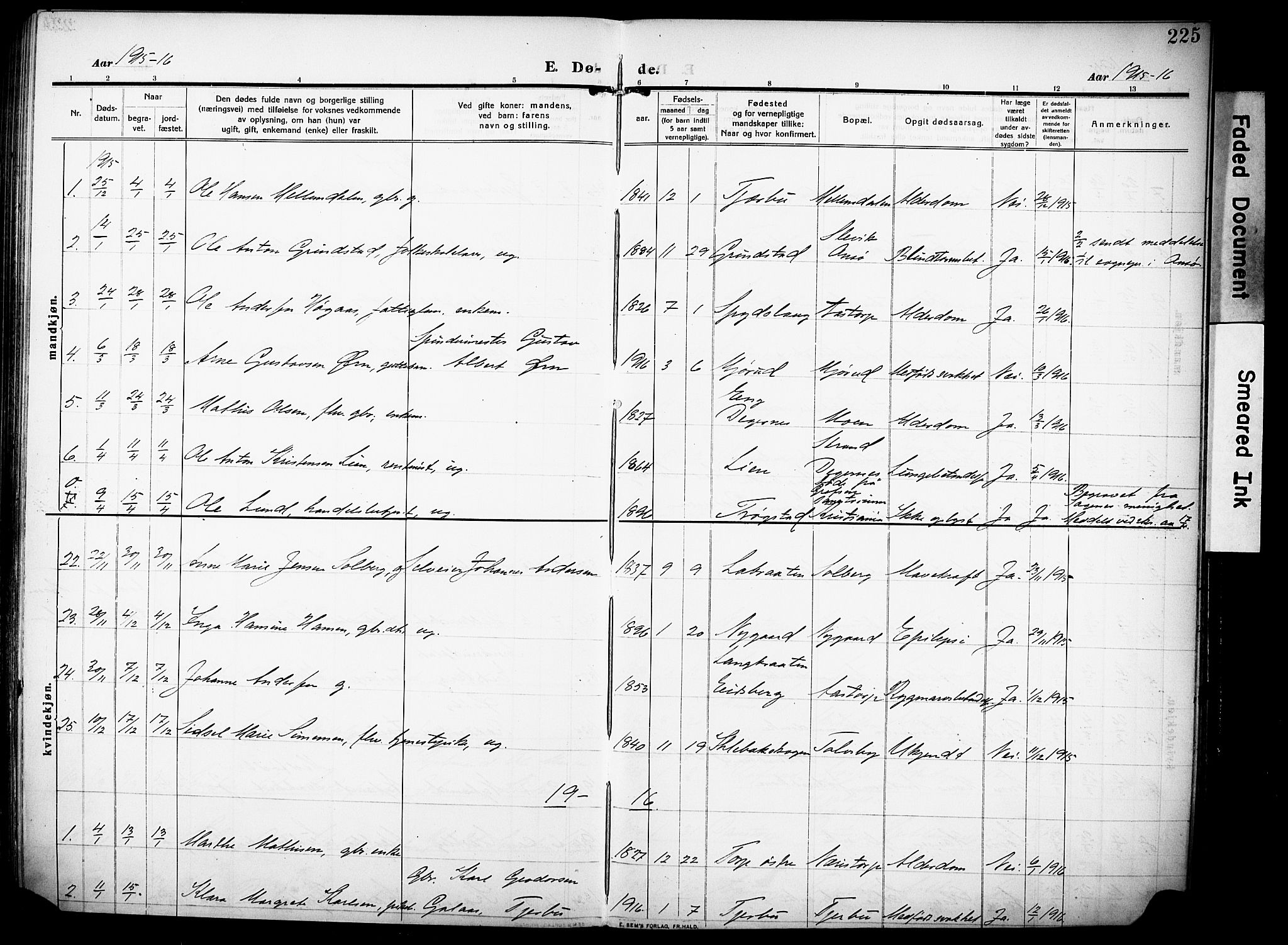 Rakkestad prestekontor Kirkebøker, AV/SAO-A-2008/F/Fa/L0015: Parish register (official) no. I 15, 1909-1922, p. 225