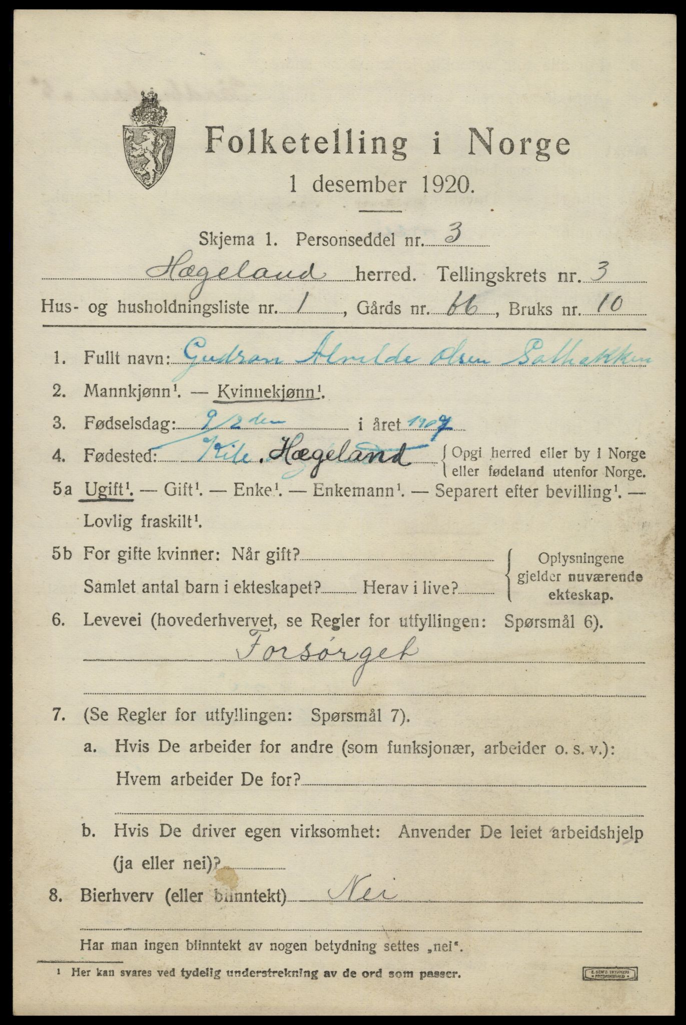 SAK, 1920 census for Hægeland, 1920, p. 941