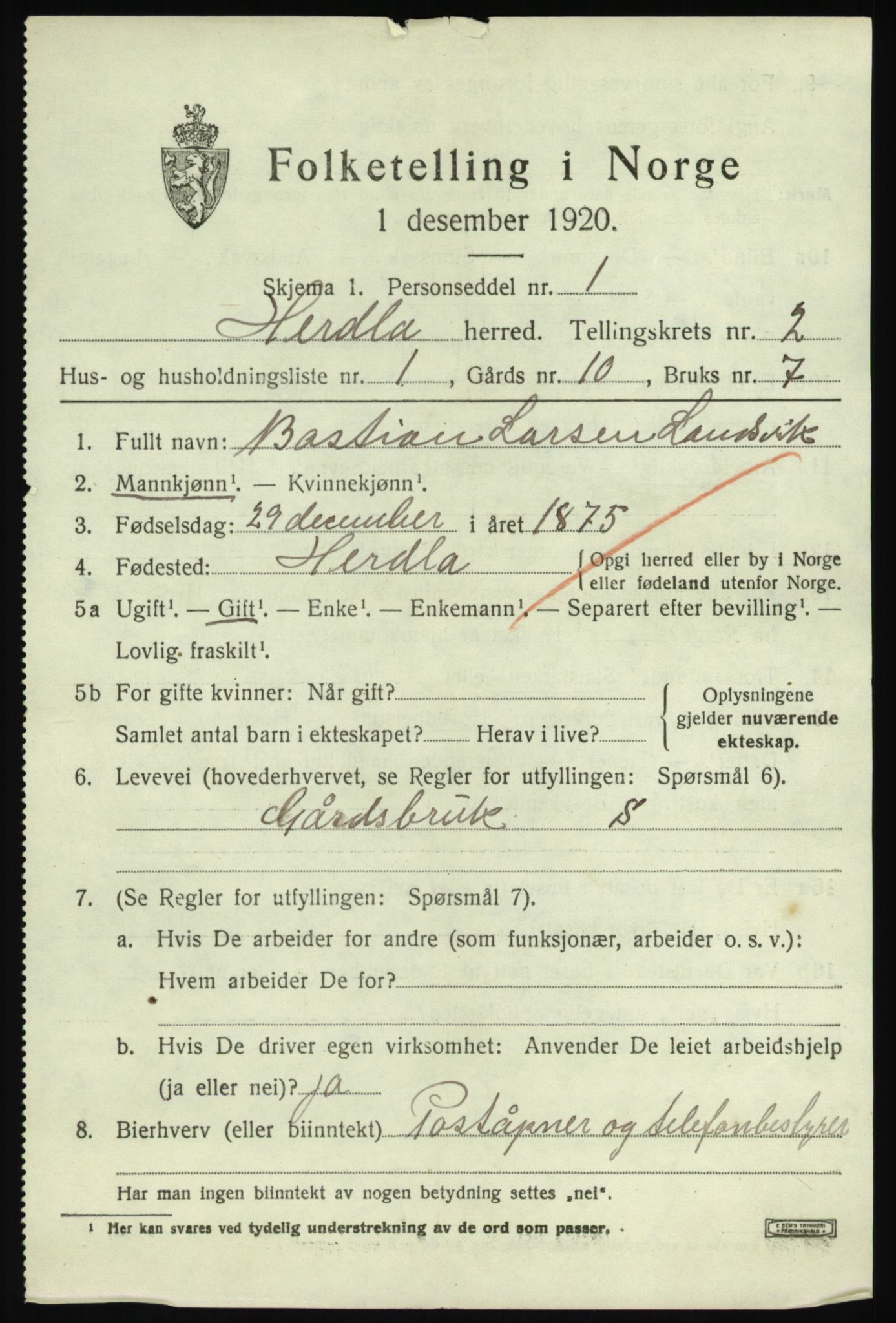 SAB, 1920 census for Herdla, 1920, p. 2385