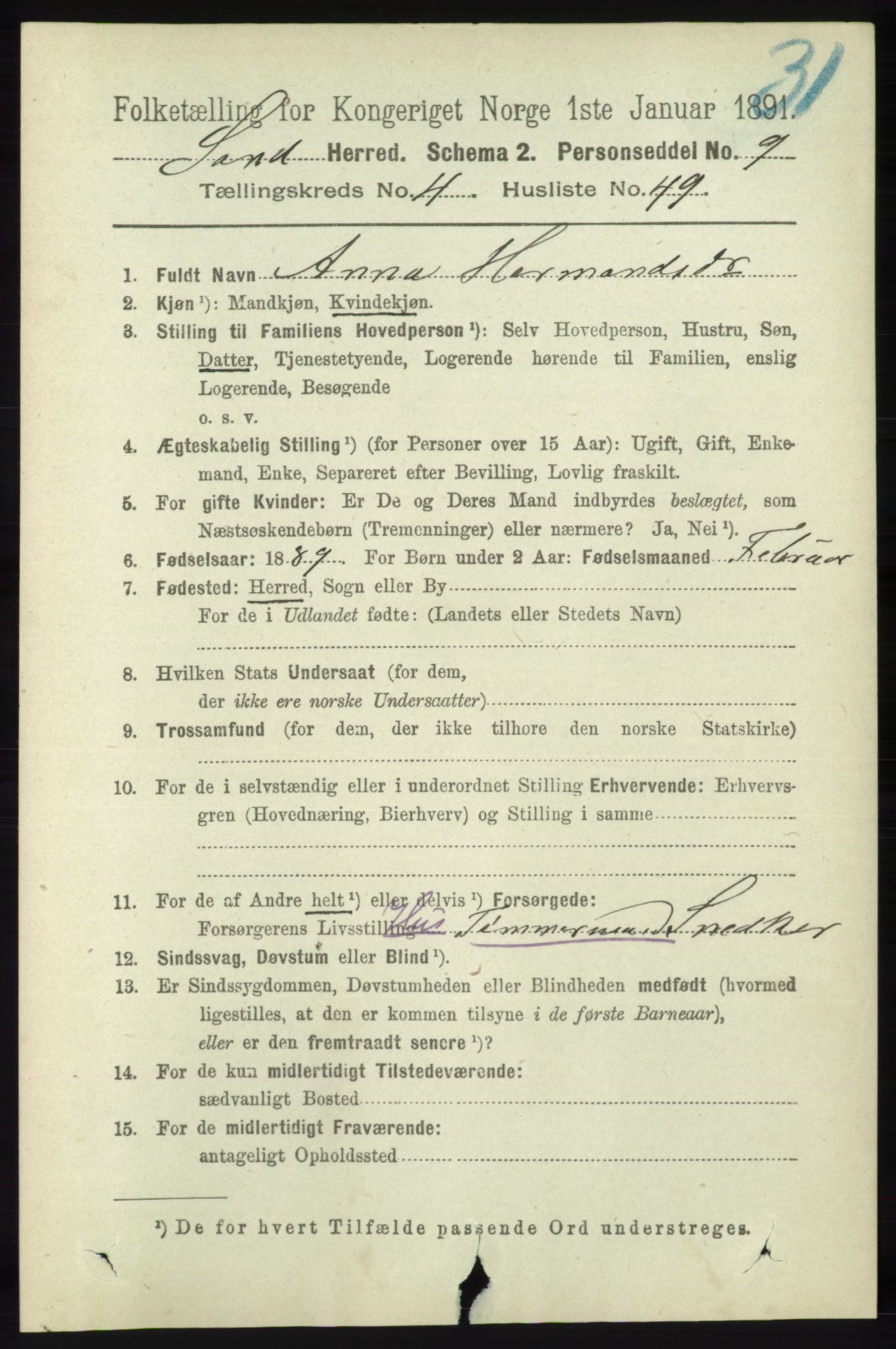 RA, 1891 census for 1136 Sand, 1891, p. 1480