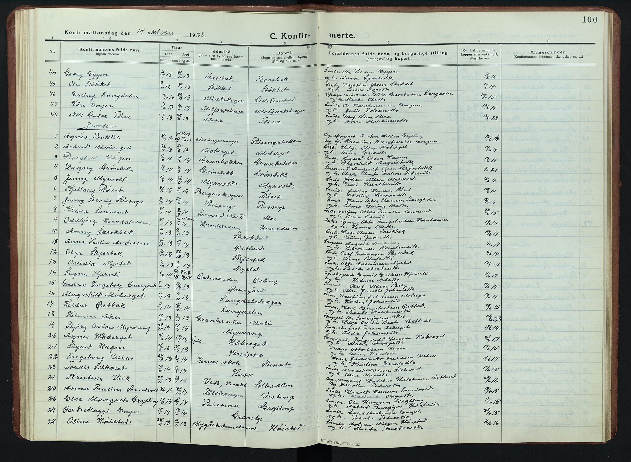 Elverum prestekontor, AV/SAH-PREST-044/H/Ha/Hab/L0011: Parish register (copy) no. 11, 1915-1947, p. 100