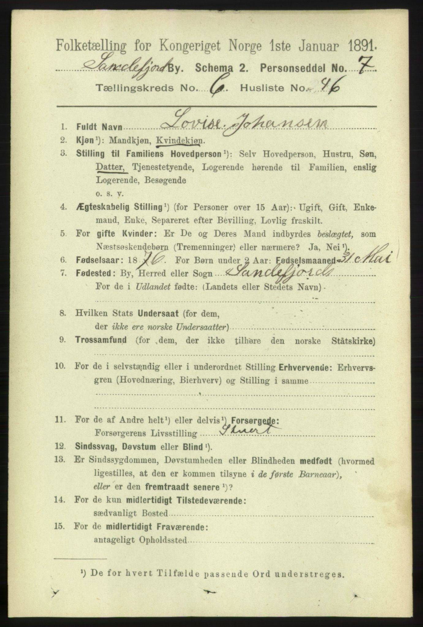 RA, 1891 census for 0706 Sandefjord, 1891, p. 2878