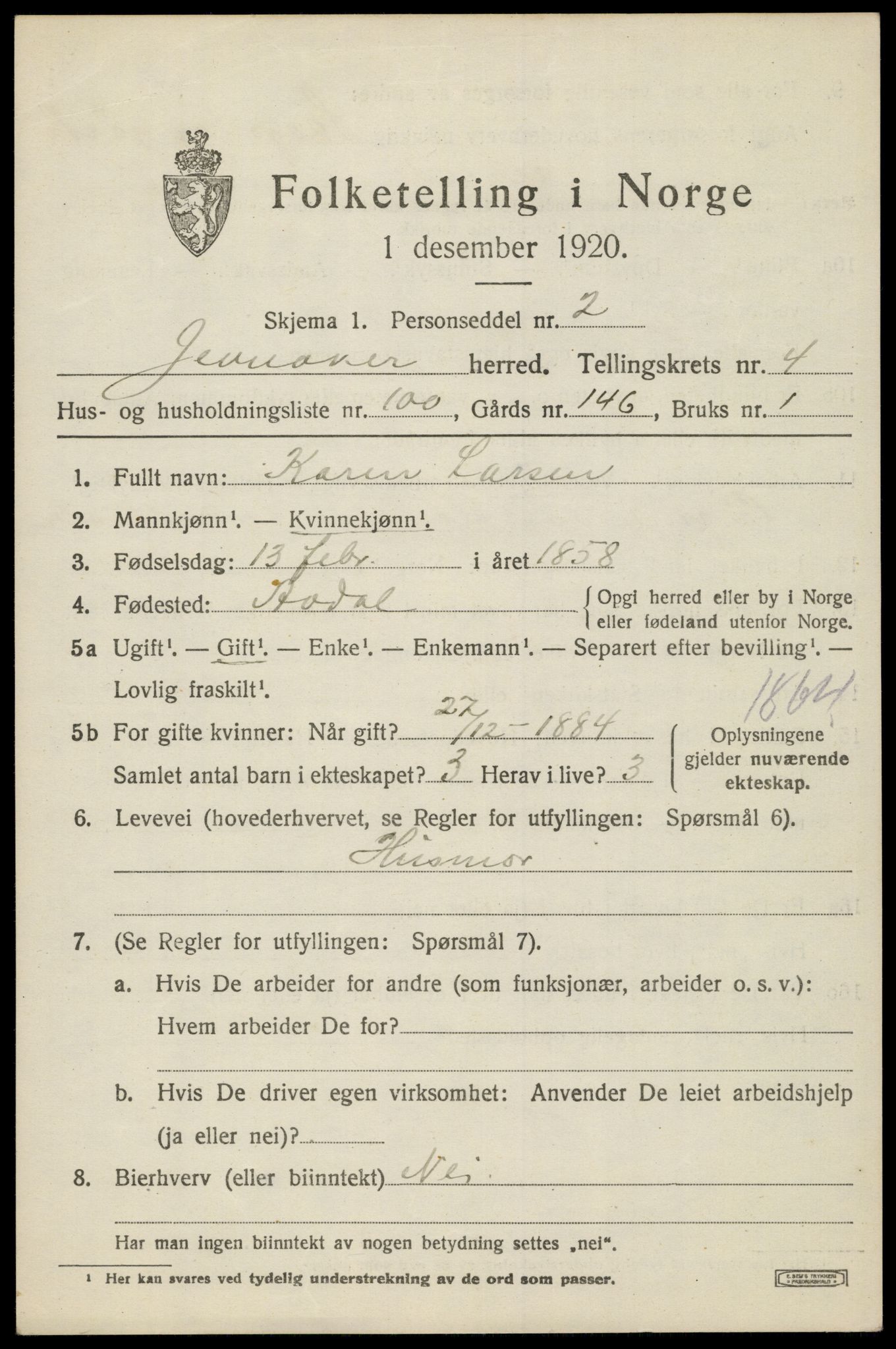 SAH, 1920 census for Jevnaker, 1920, p. 7765