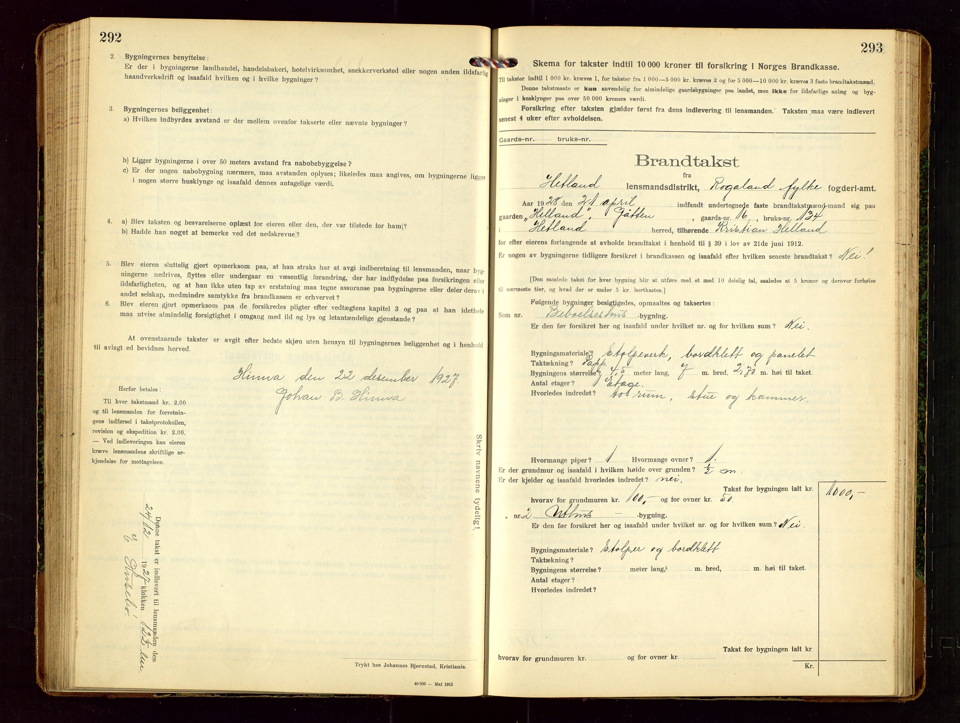 Hetland lensmannskontor, SAST/A-100101/Gob/L0002: "Brandtakstprotokol", 1918-1932, p. 292-293