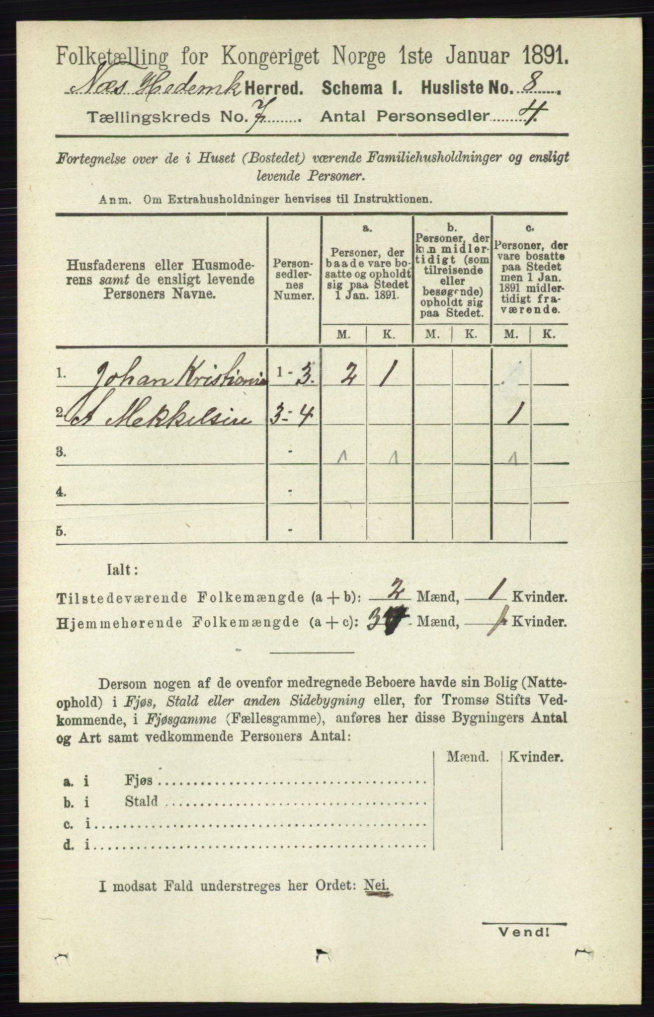 RA, 1891 census for 0411 Nes, 1891, p. 3836