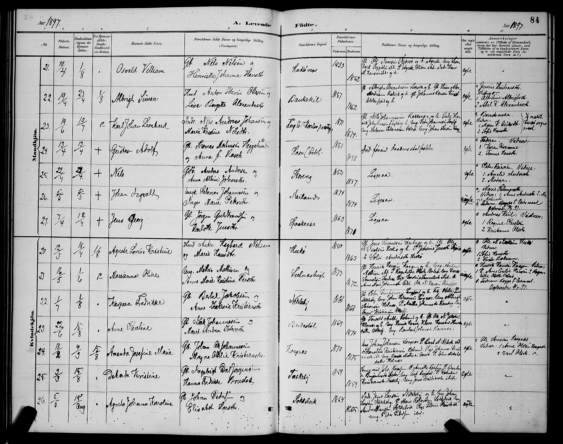 Skjervøy sokneprestkontor, AV/SATØ-S-1300/H/Ha/Hab/L0007klokker: Parish register (copy) no. 7, 1889-1899, p. 84