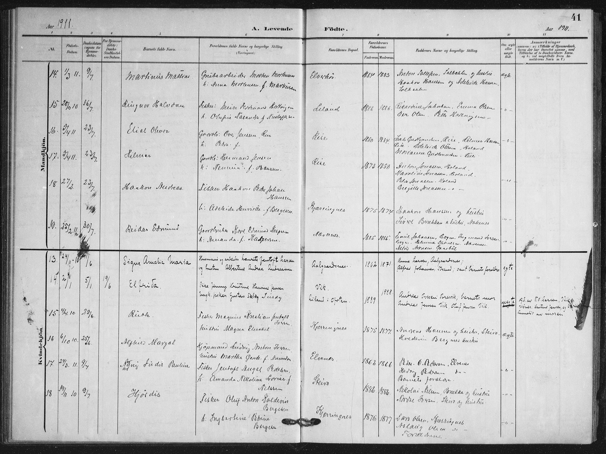 Ministerialprotokoller, klokkerbøker og fødselsregistre - Nordland, AV/SAT-A-1459/895/L1373: Parish register (official) no. 895A08, 1905-1915, p. 41