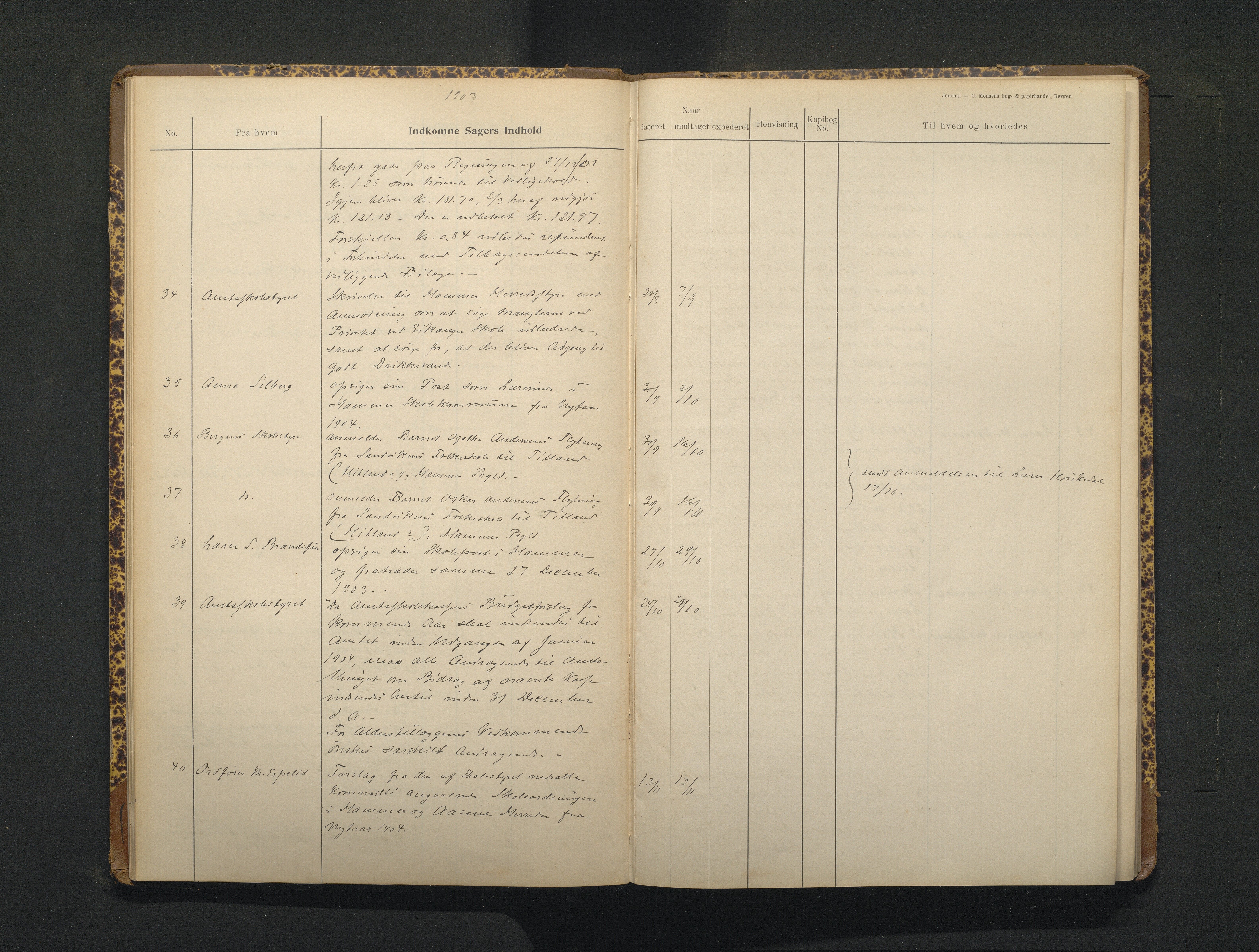 Hamre kommune. Skulestyret, IKAH/1254-211/C/Ca/L0003: Postjournal for Hamre skulestyre, 1901-1916