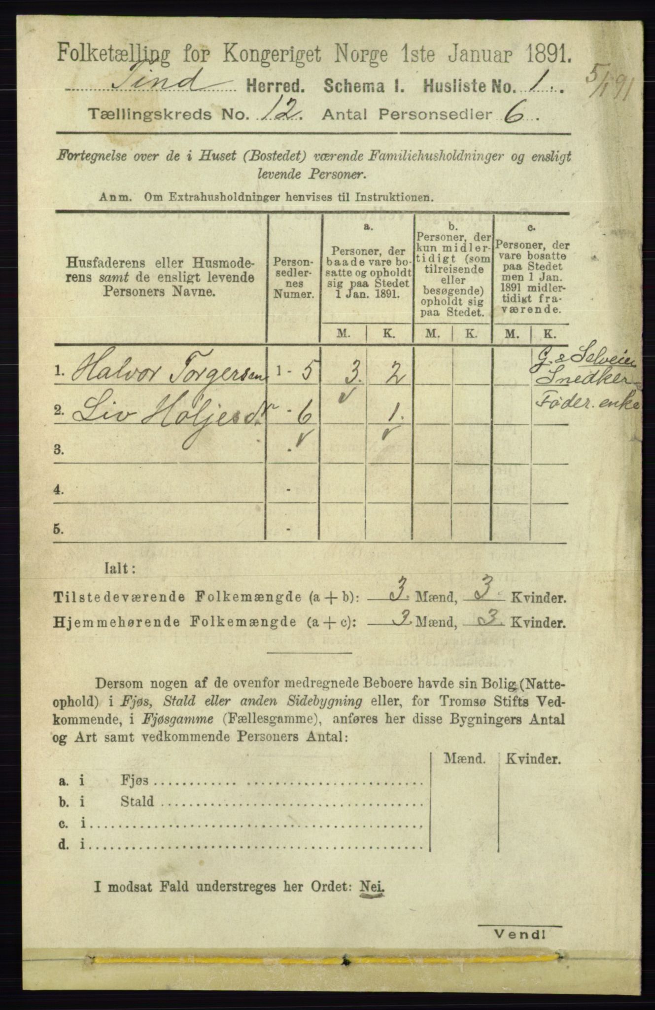 RA, 1891 census for 0826 Tinn, 1891, p. 2263
