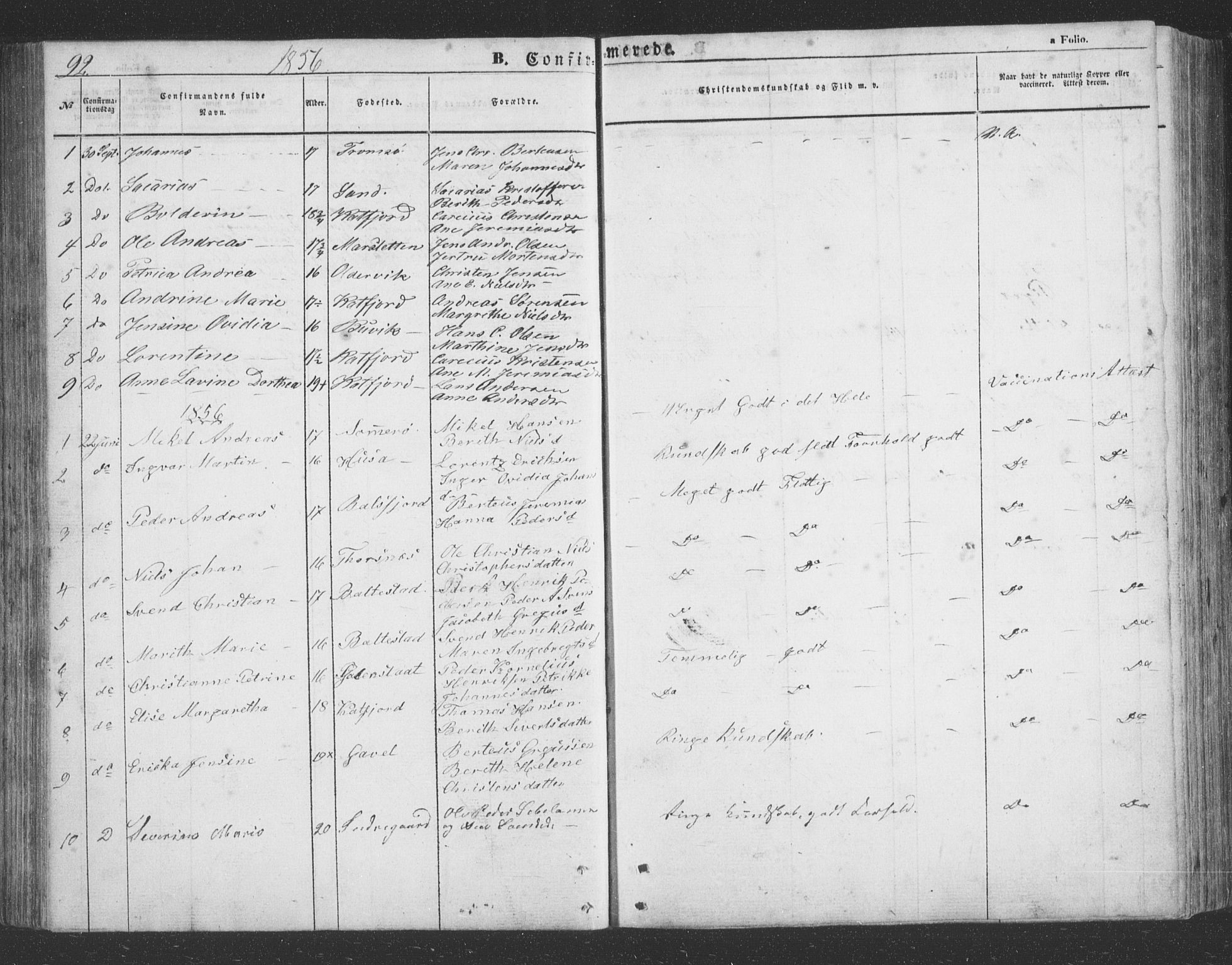 Lenvik sokneprestembete, SATØ/S-1310/H/Ha/Hab/L0020klokker: Parish register (copy) no. 20, 1855-1883, p. 92