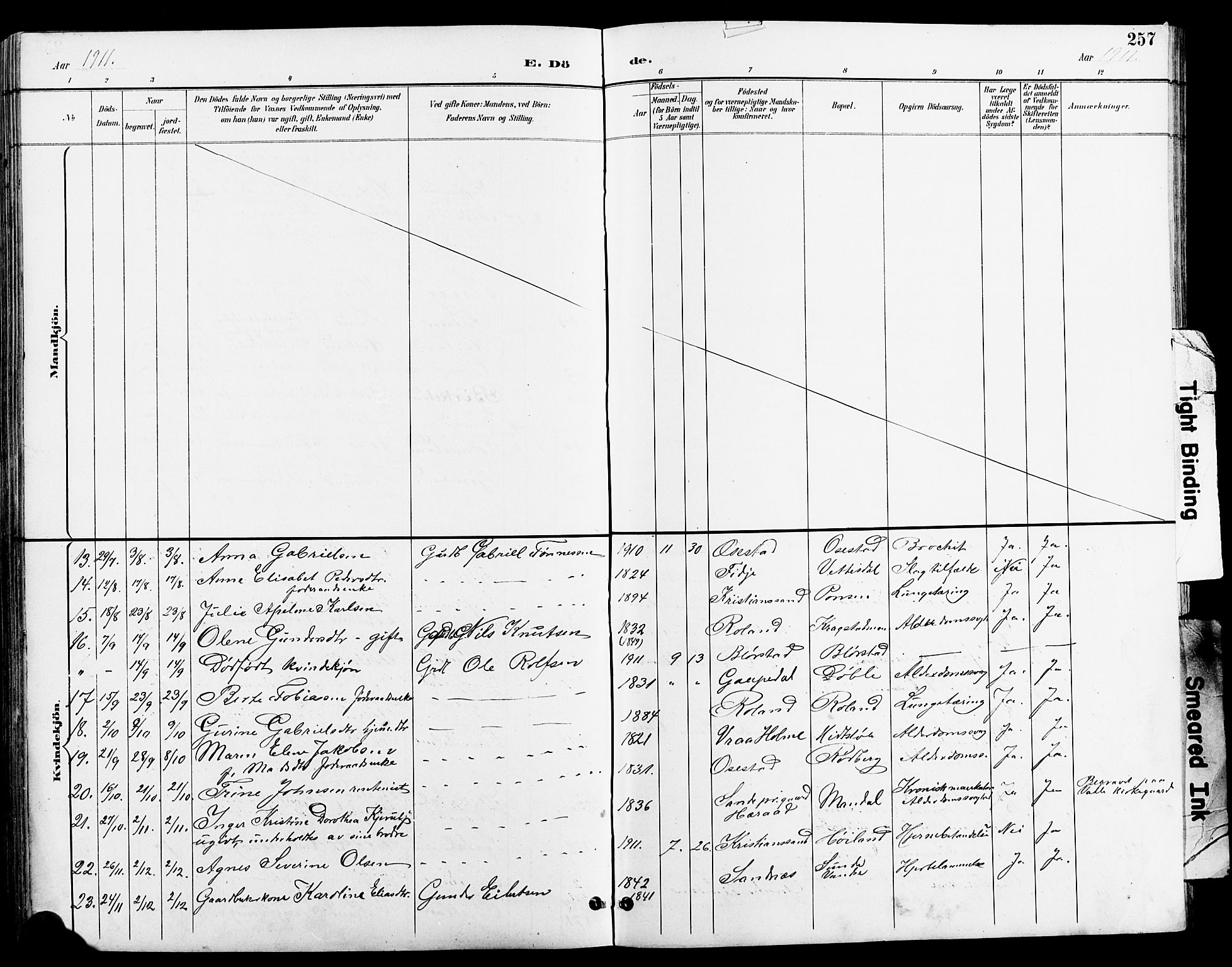 Sør-Audnedal sokneprestkontor, AV/SAK-1111-0039/F/Fb/Fbb/L0006: Parish register (copy) no. B 6, 1893-1915, p. 257