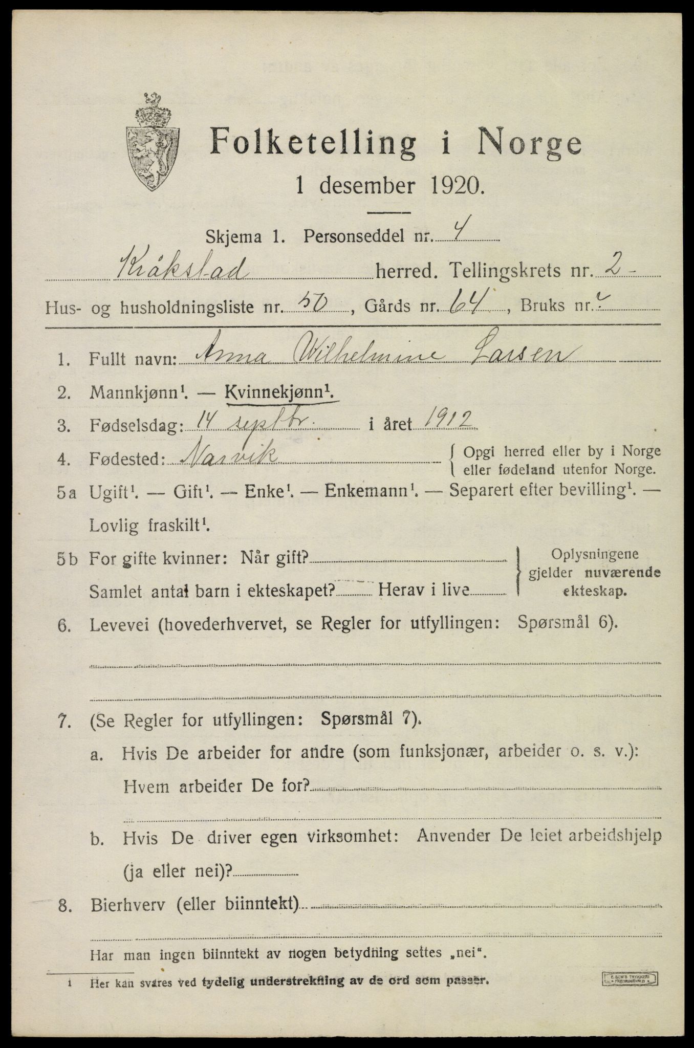 SAO, 1920 census for Kråkstad, 1920, p. 3353