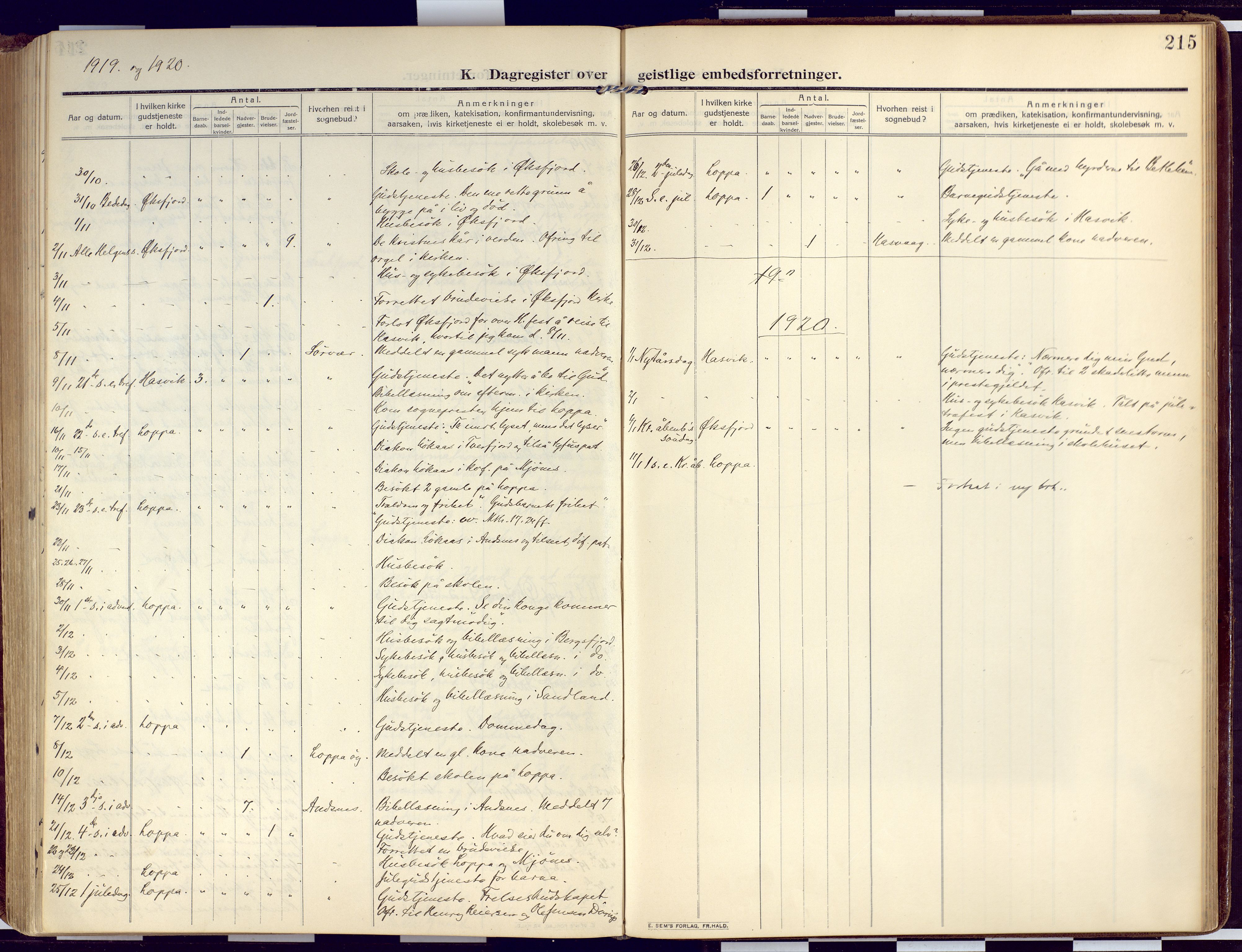 Loppa sokneprestkontor, SATØ/S-1339/H/Ha/L0011kirke: Parish register (official) no. 11, 1909-1919, p. 215