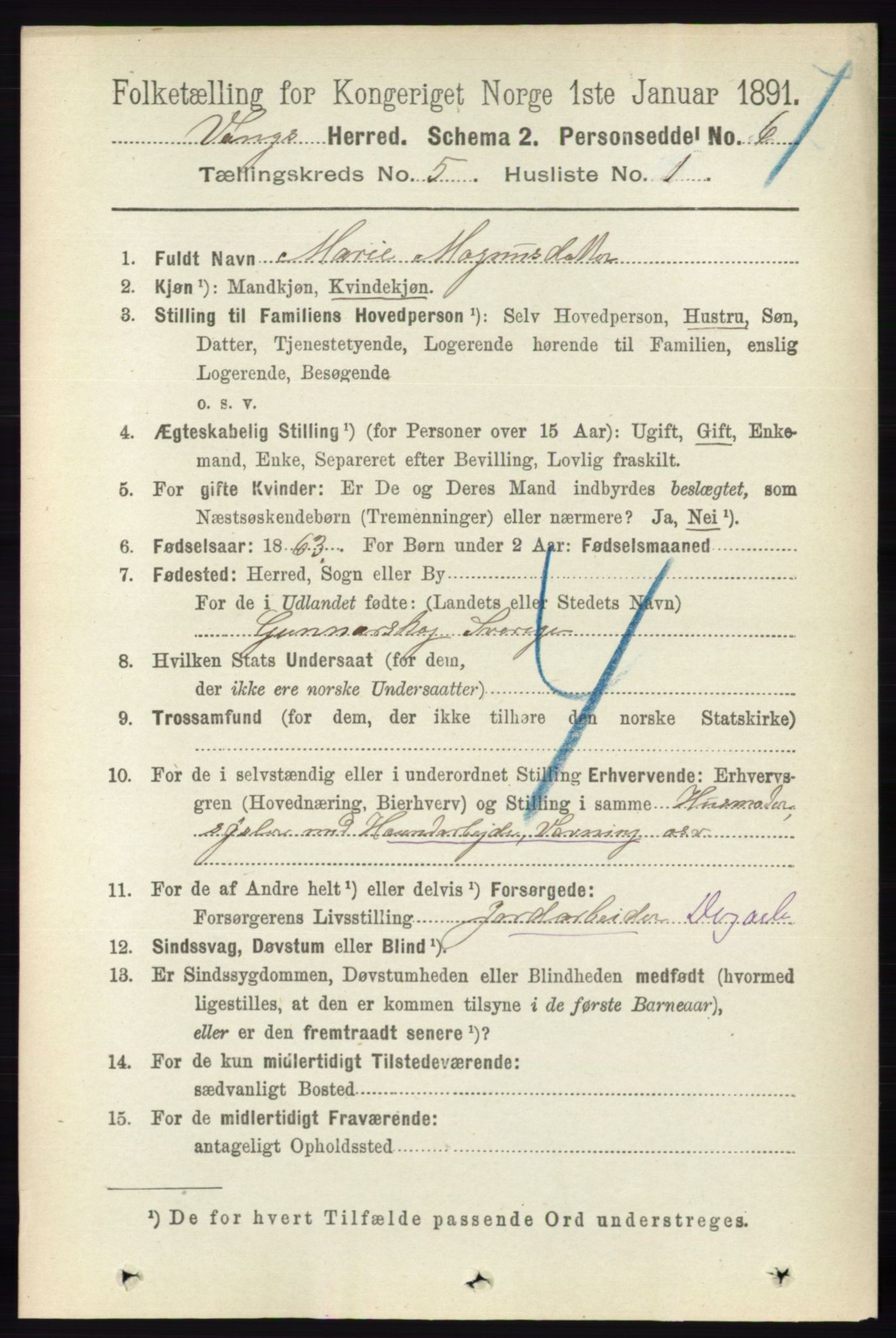 RA, 1891 census for 0414 Vang, 1891, p. 3515