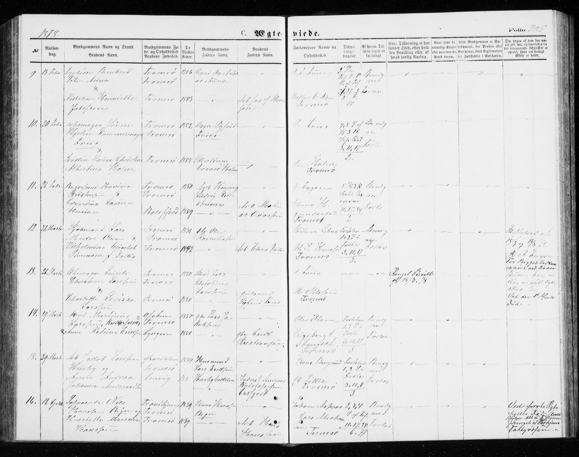 Tromsø sokneprestkontor/stiftsprosti/domprosti, SATØ/S-1343/G/Gb/L0008klokker: Parish register (copy) no. 8, 1875-1879, p. 205