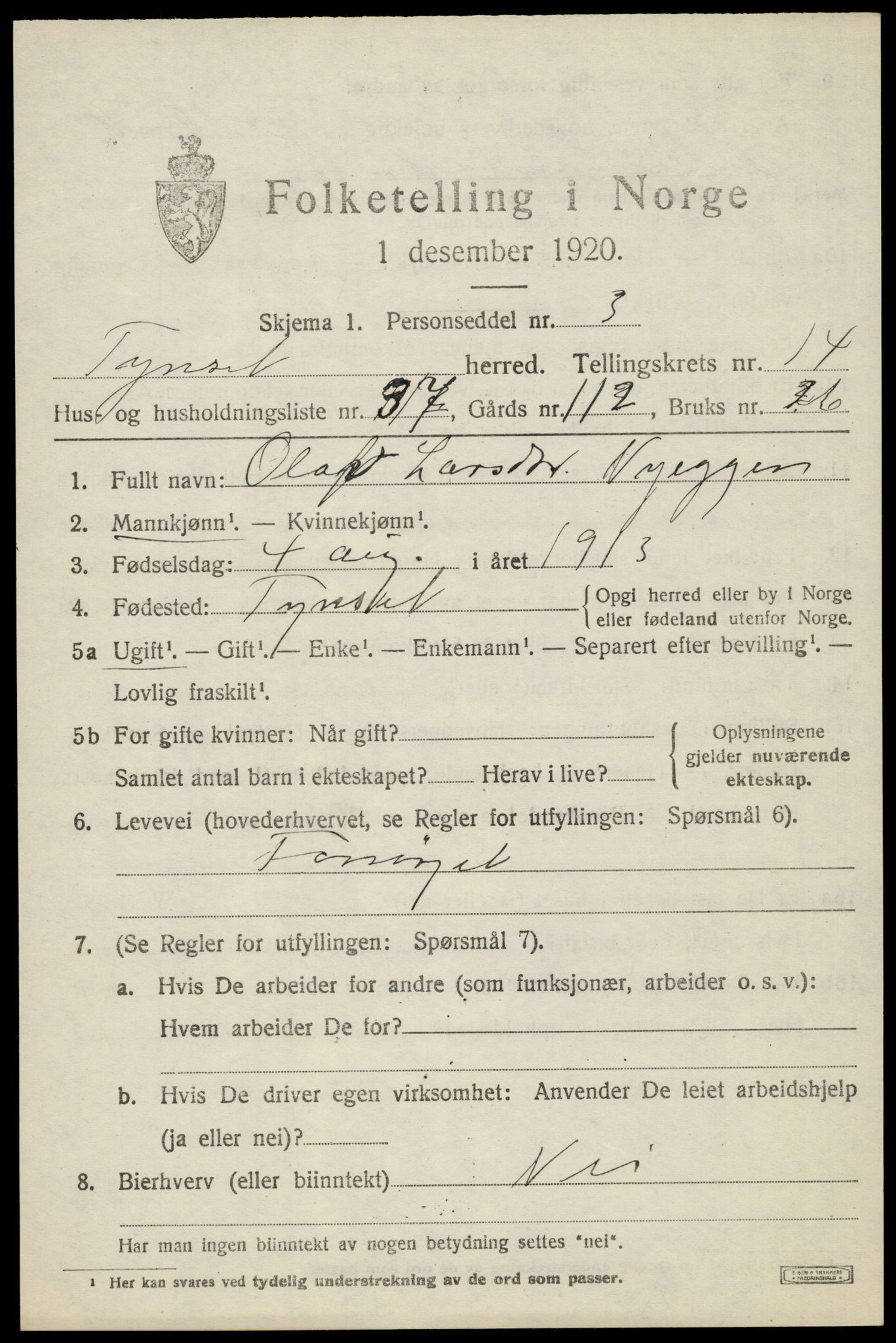 SAH, 1920 census for Tynset, 1920, p. 9220