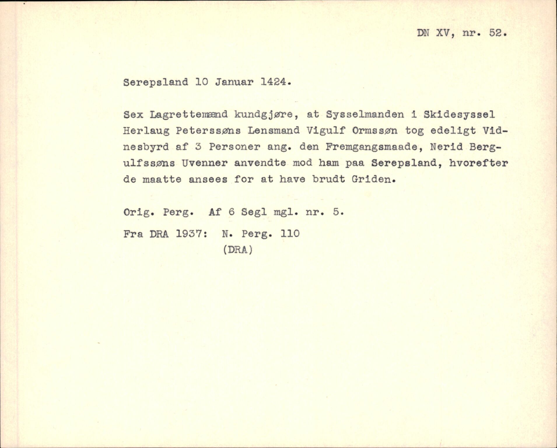 Riksarkivets diplomsamling, AV/RA-EA-5965/F35/F35f/L0003: Regestsedler: Diplomer fra DRA 1937 og 1996, p. 257