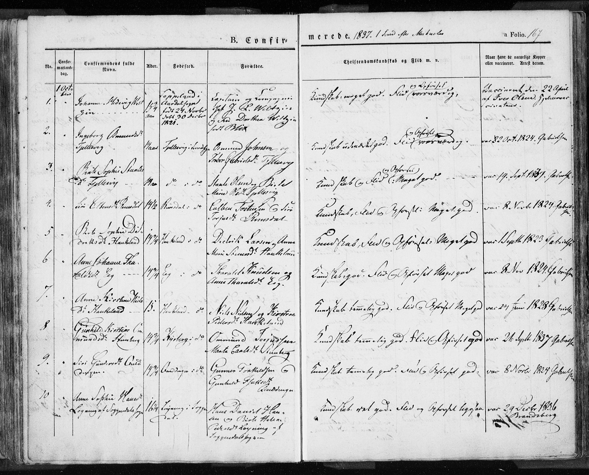 Lund sokneprestkontor, SAST/A-101809/S06/L0007: Parish register (official) no. A 7.1, 1833-1854, p. 167