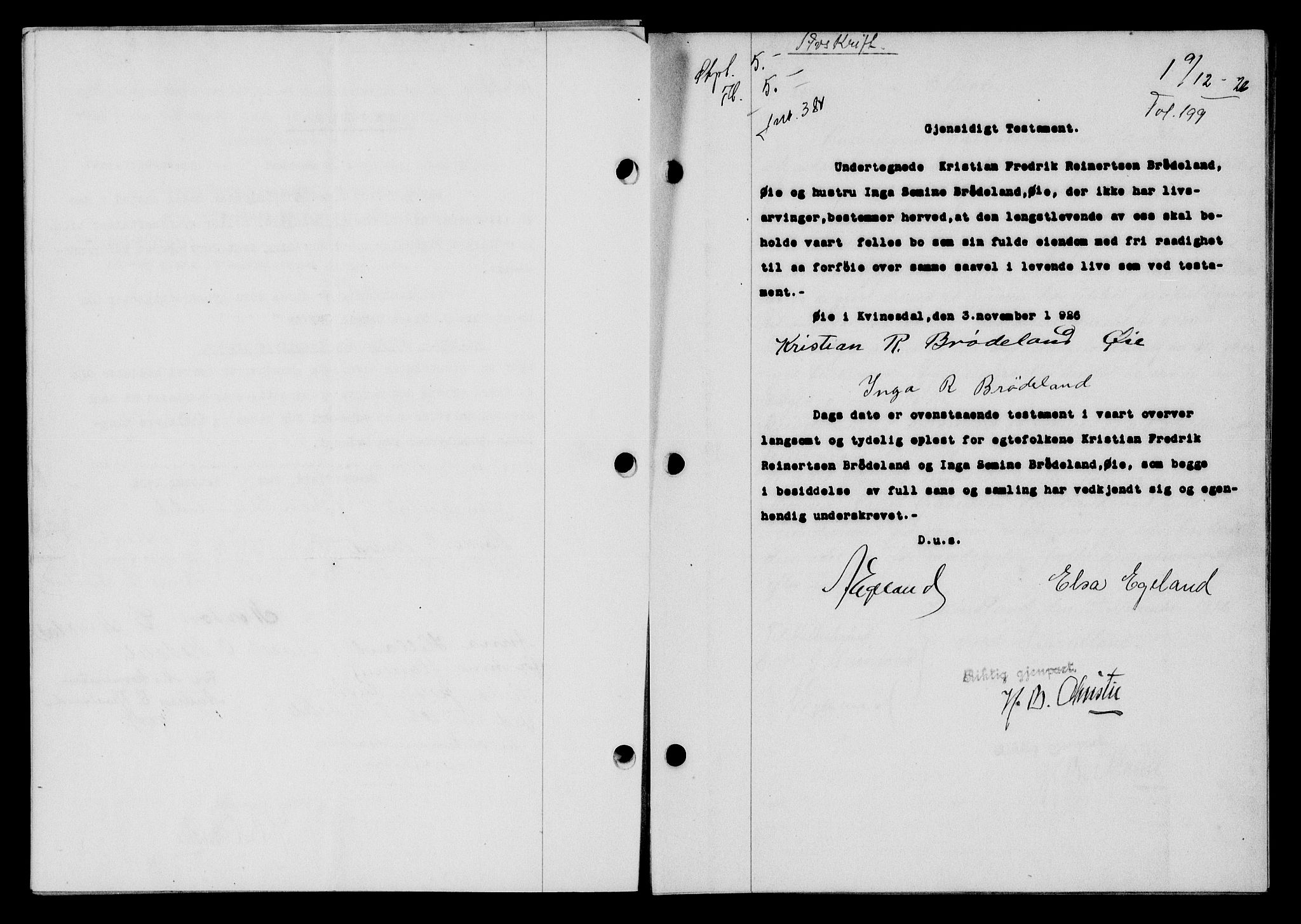 Flekkefjord sorenskriveri, SAK/1221-0001/G/Gb/Gba/L0043: Mortgage book no. 41, 1926-1927, Deed date: 09.12.1926