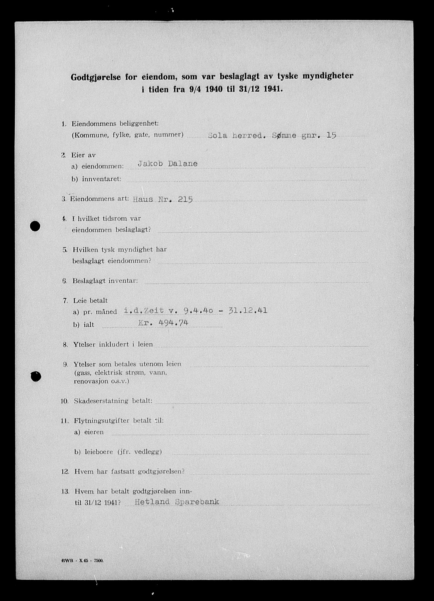 Justisdepartementet, Tilbakeføringskontoret for inndratte formuer, AV/RA-S-1564/I/L1014: Godtgjørelse for beslaglagt eiendom, 1940-1941, p. 227