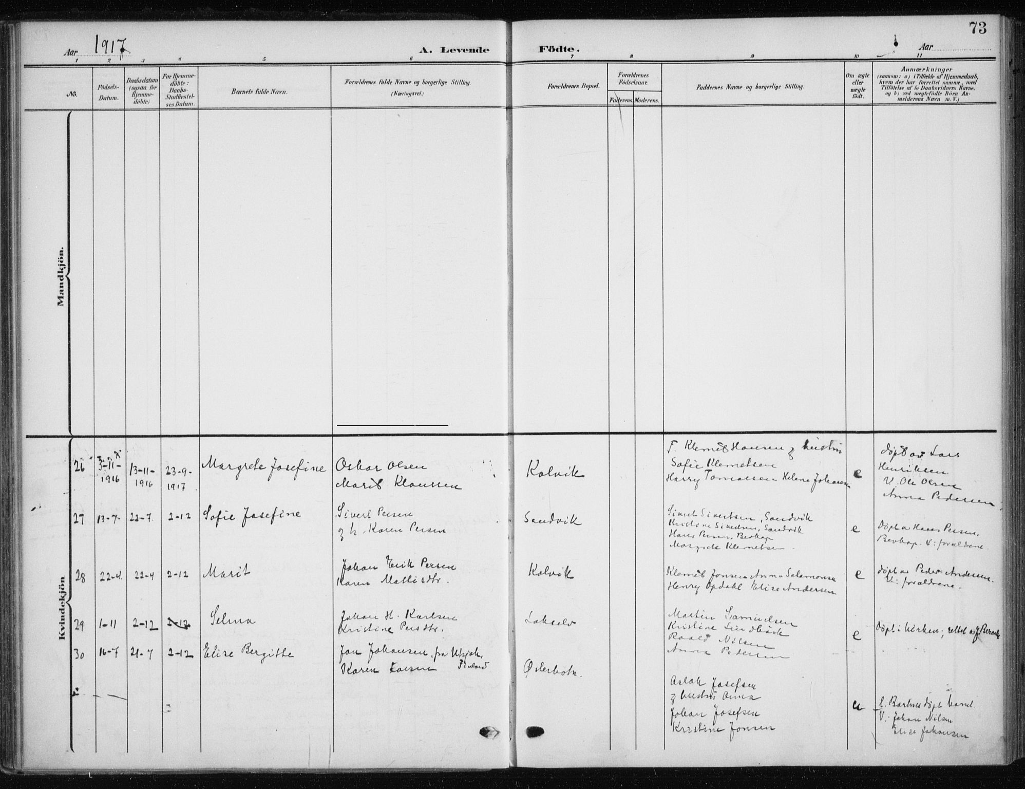 Kistrand/Porsanger sokneprestembete, AV/SATØ-S-1351/H/Ha/L0014.kirke: Parish register (official) no. 14, 1908-1917, p. 73