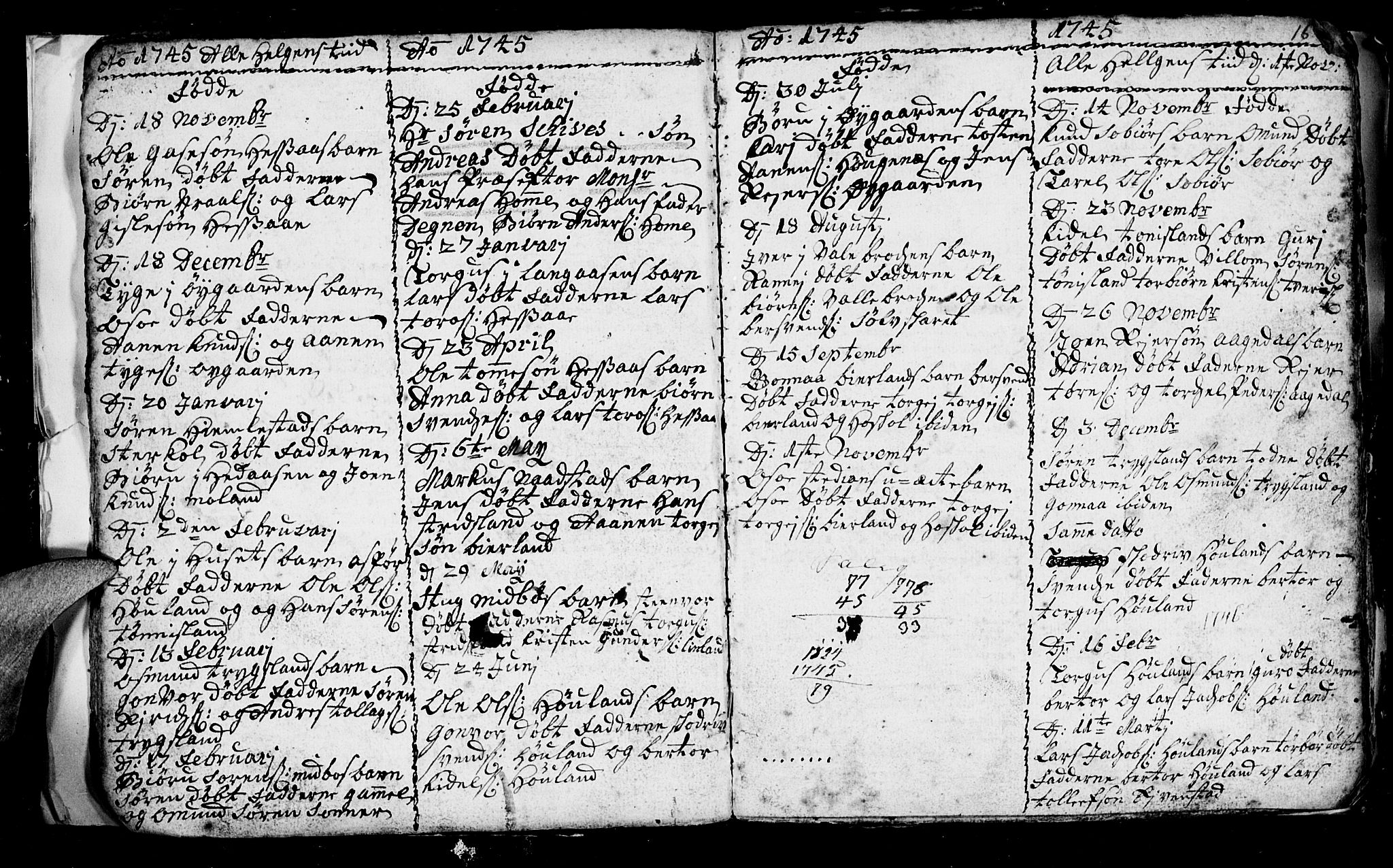 Bjelland sokneprestkontor, SAK/1111-0005/F/Fb/Fba/L0001: Parish register (copy) no. B 1, 1727-1752, p. 16