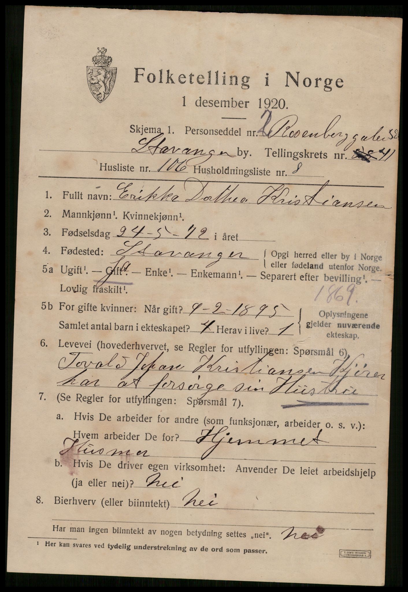 SAST, 1920 census for Stavanger, 1920, p. 105132