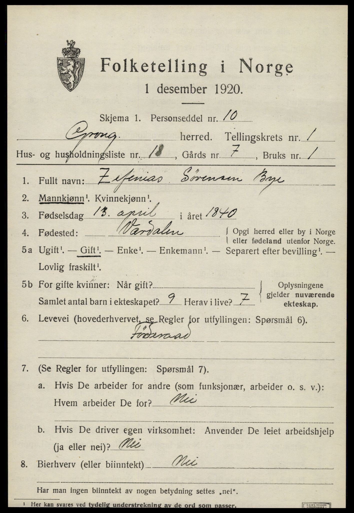SAT, 1920 census for Grong, 1920, p. 1265