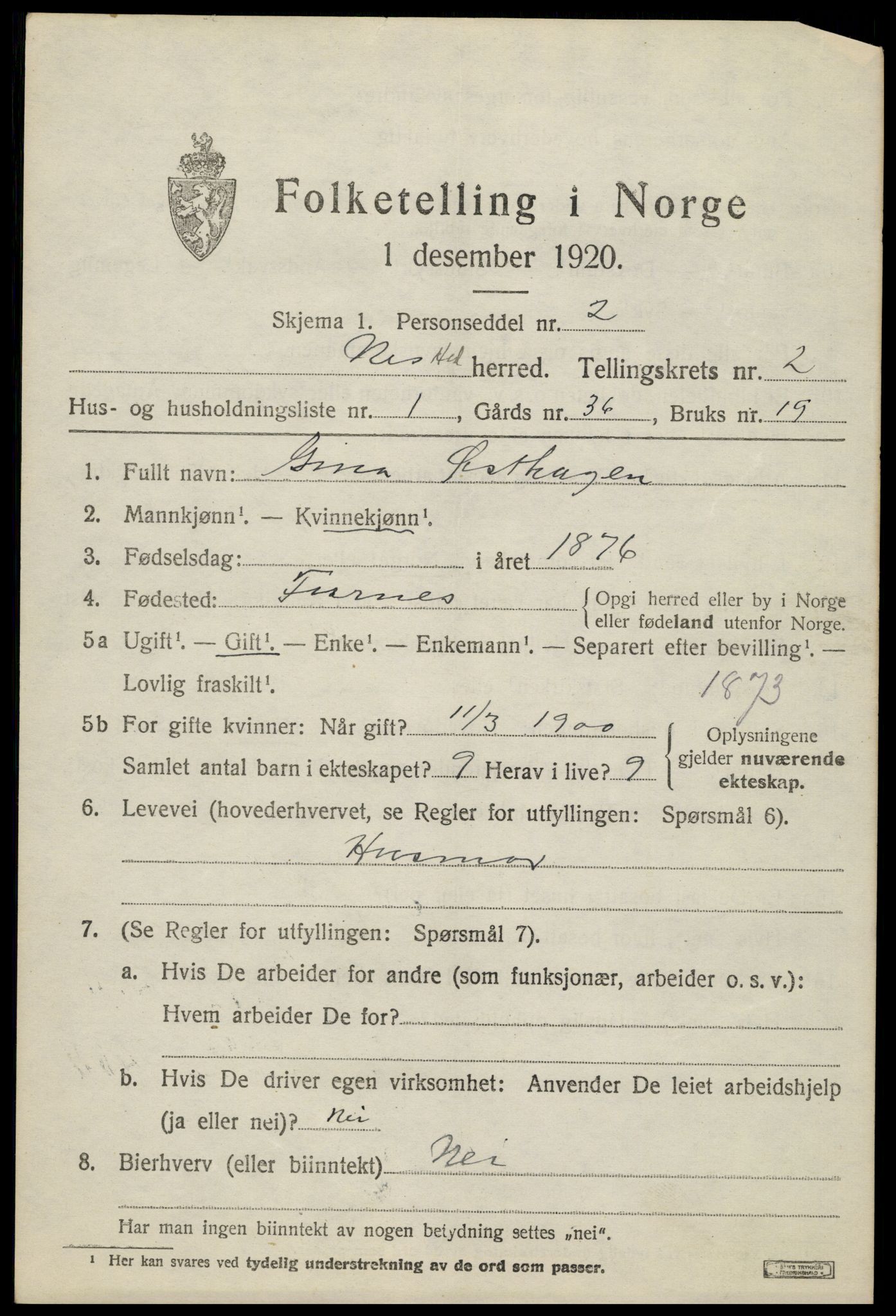 SAH, 1920 census for Nes (Hedmark), 1920, p. 2982