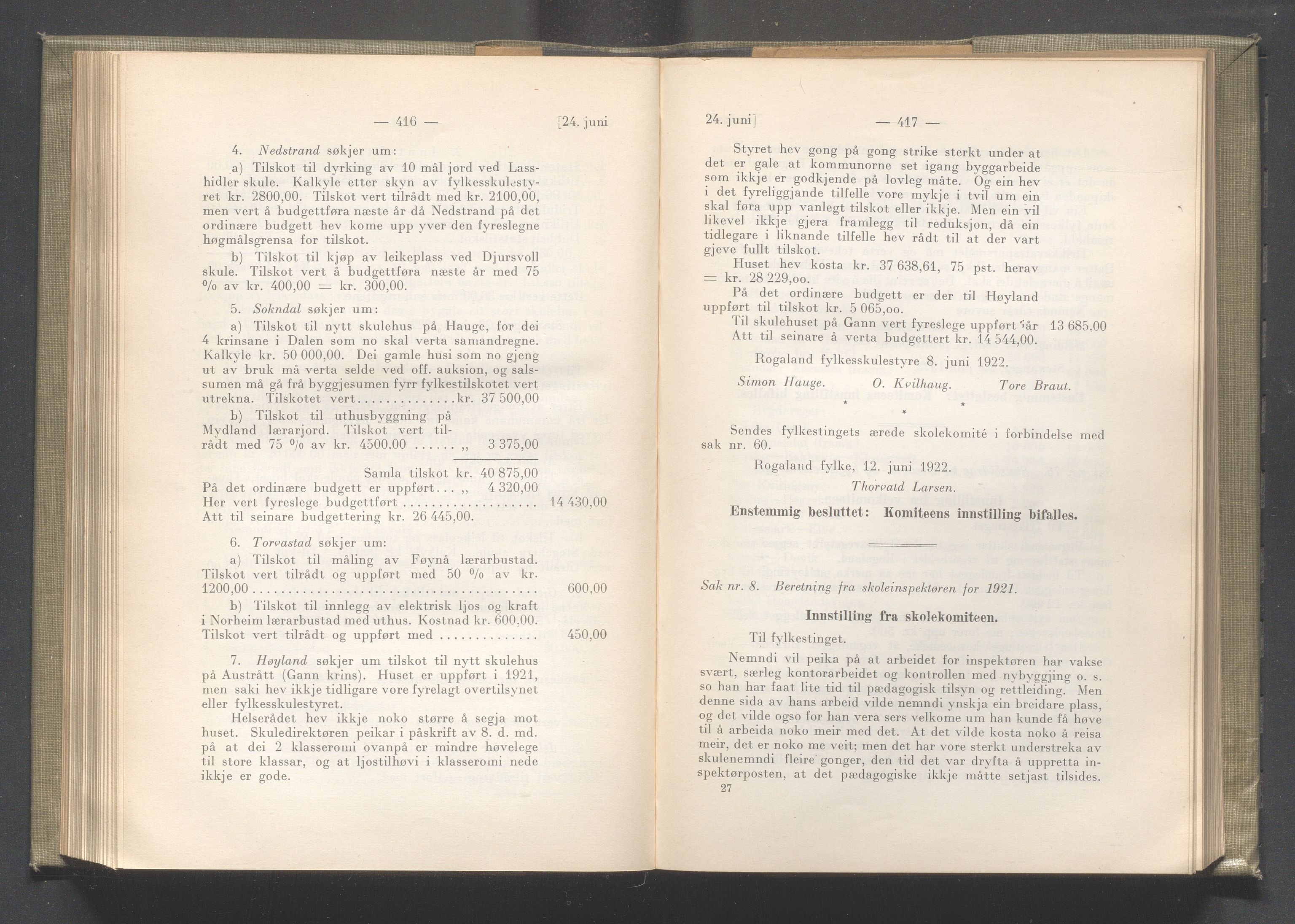 Rogaland fylkeskommune - Fylkesrådmannen , IKAR/A-900/A/Aa/Aaa/L0041: Møtebok , 1922, p. 416-417
