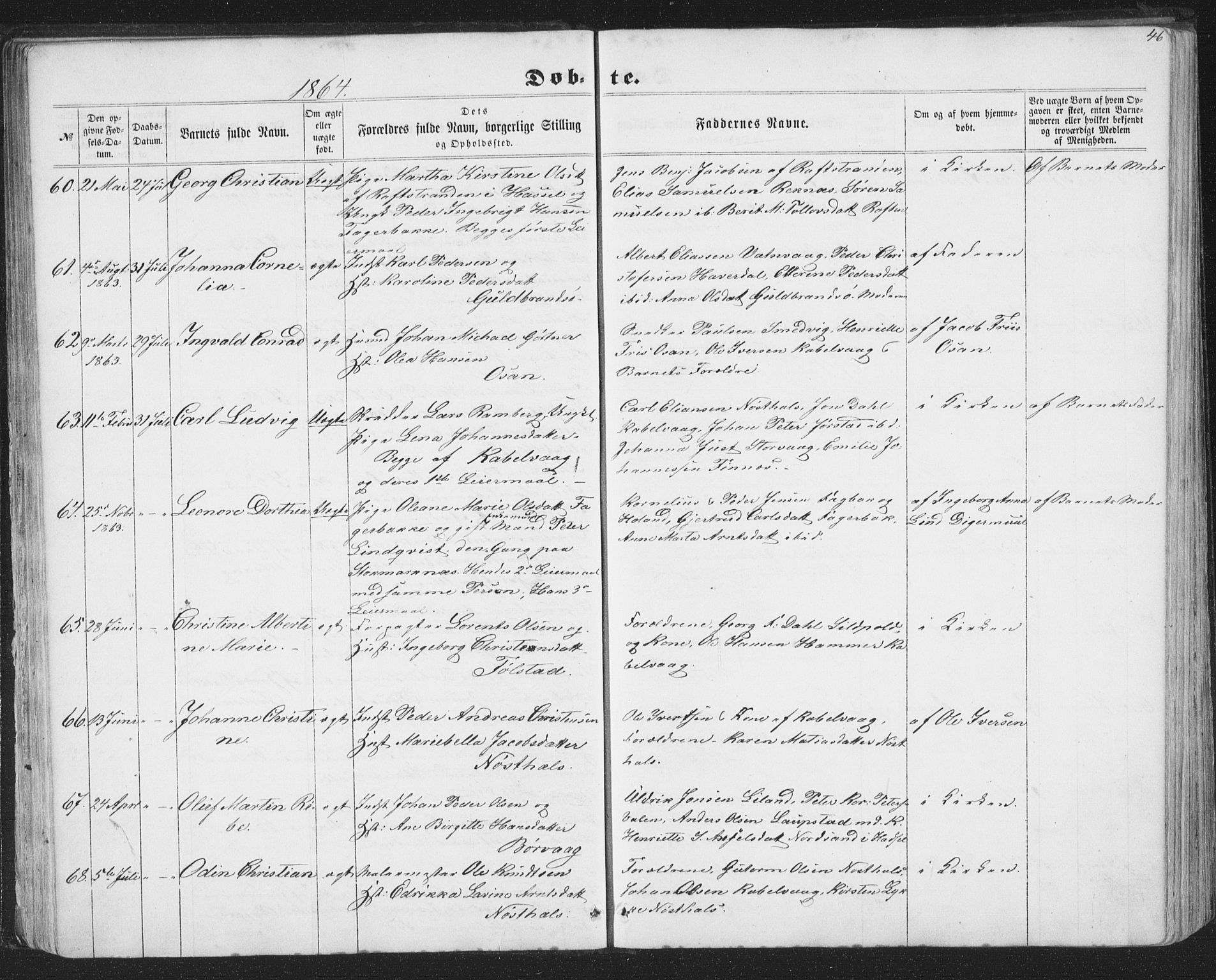 Ministerialprotokoller, klokkerbøker og fødselsregistre - Nordland, SAT/A-1459/874/L1073: Parish register (copy) no. 874C02, 1860-1870, p. 46