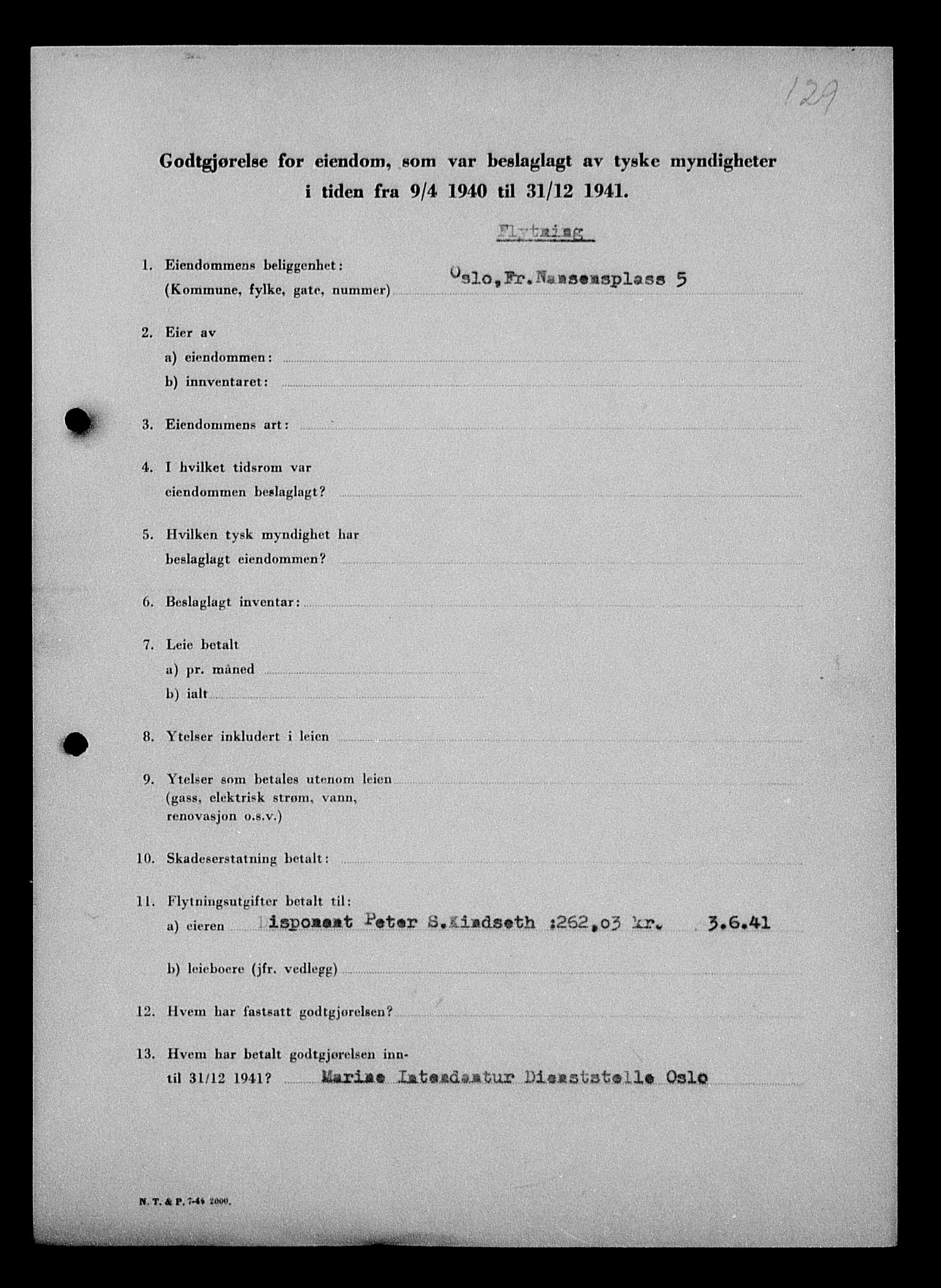 Justisdepartementet, Tilbakeføringskontoret for inndratte formuer, AV/RA-S-1564/I/L1010: Godtgjørelse for beslaglagt eiendom, 1940-1941, p. 303