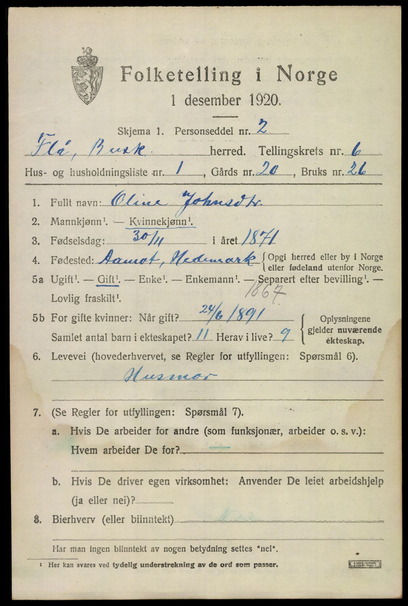 SAKO, 1920 census for Flå, 1920, p. 3569