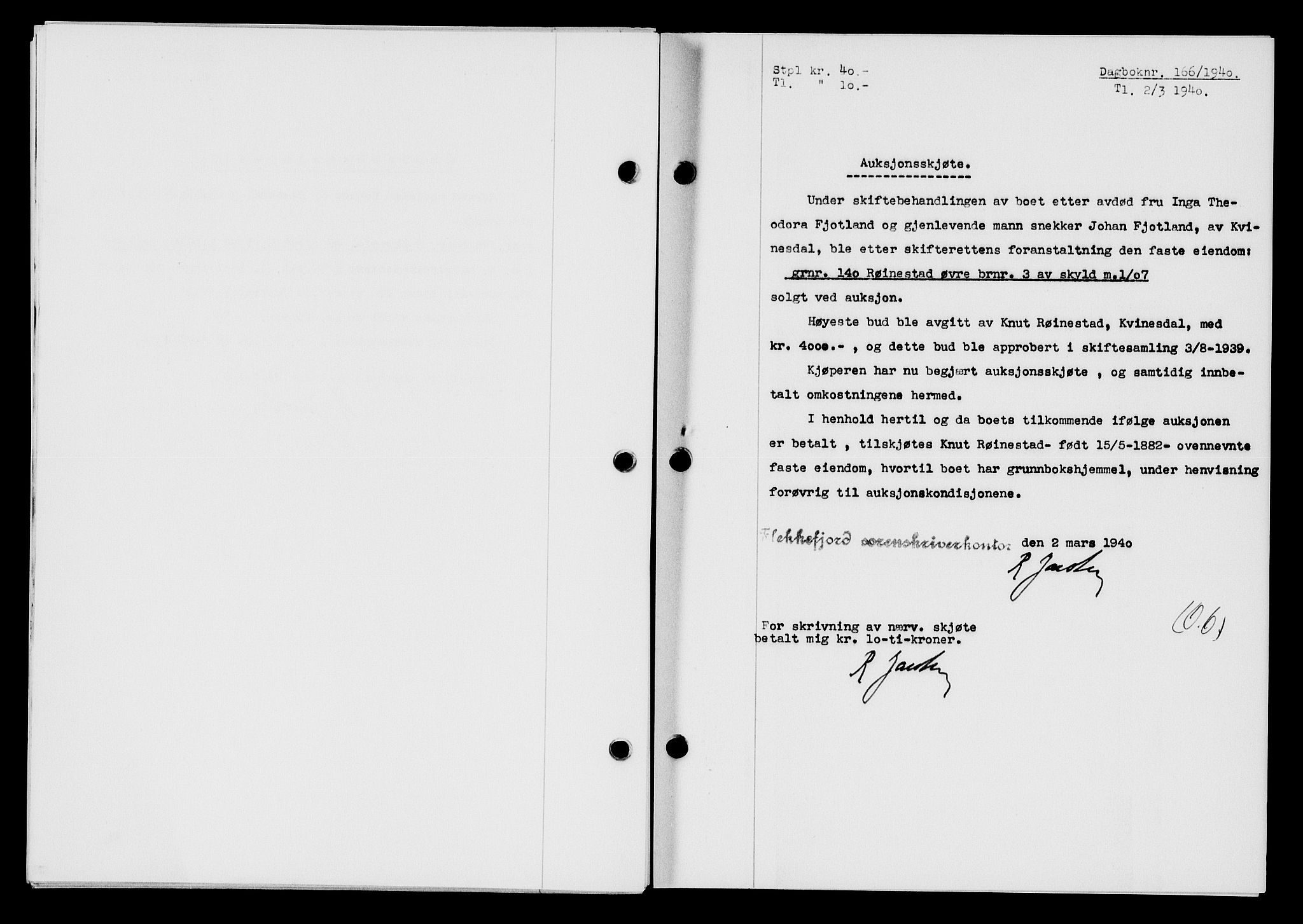 Flekkefjord sorenskriveri, AV/SAK-1221-0001/G/Gb/Gba/L0056: Mortgage book no. A-4, 1940-1941, Diary no: : 166/1940