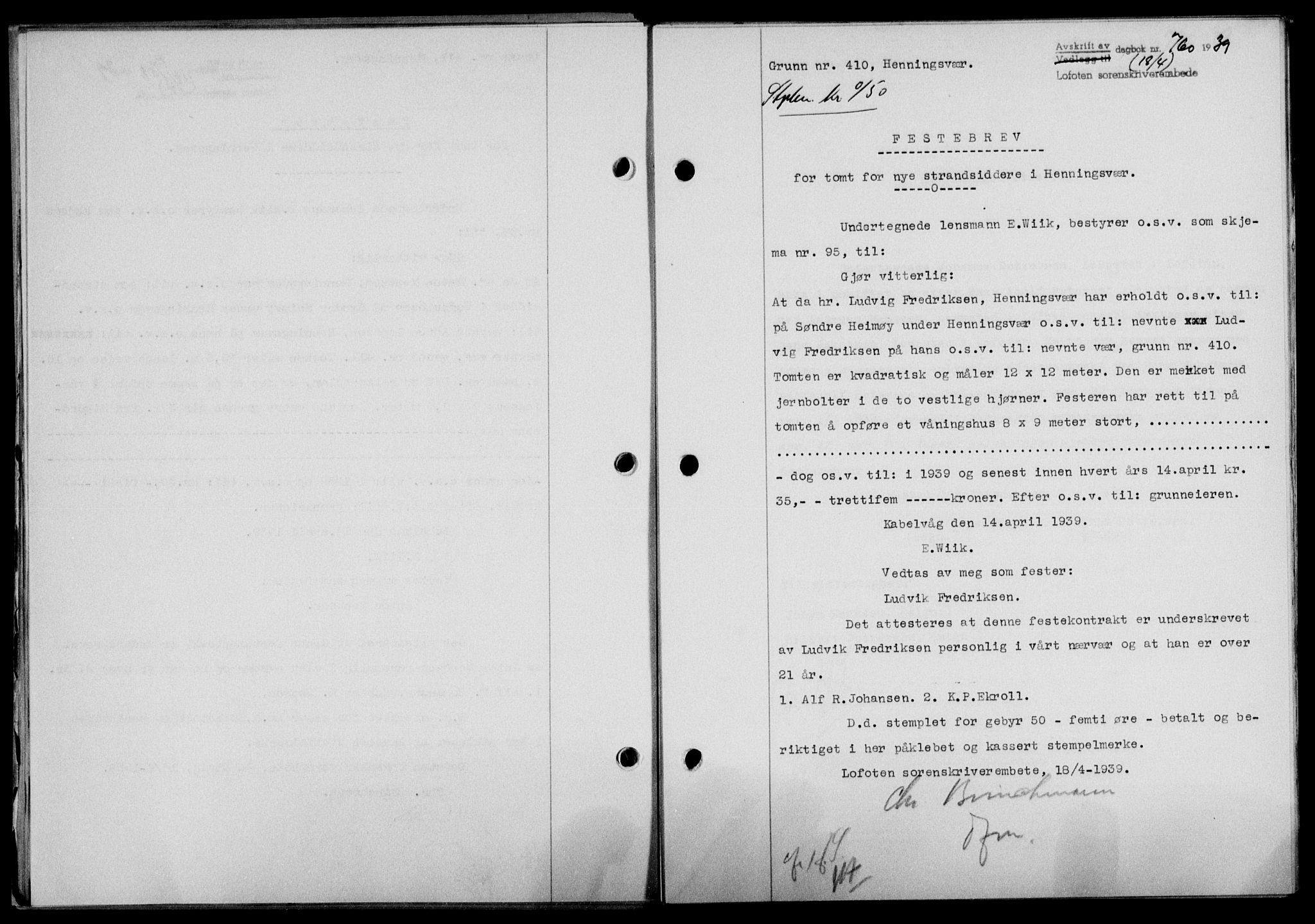 Lofoten sorenskriveri, SAT/A-0017/1/2/2C/L0005a: Mortgage book no. 5a, 1939-1939, Diary no: : 760/1939