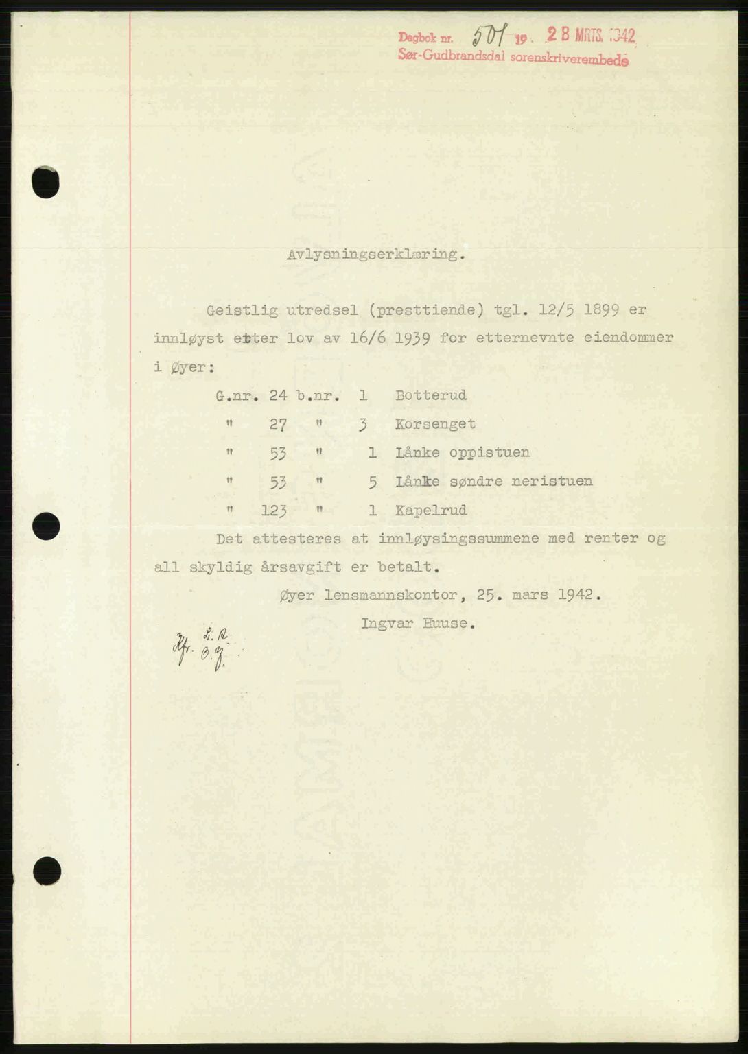 Sør-Gudbrandsdal tingrett, SAH/TING-004/H/Hb/Hbf/L0002: Mortgage book no. C1, 1938-1951, Diary no: : 501/1942