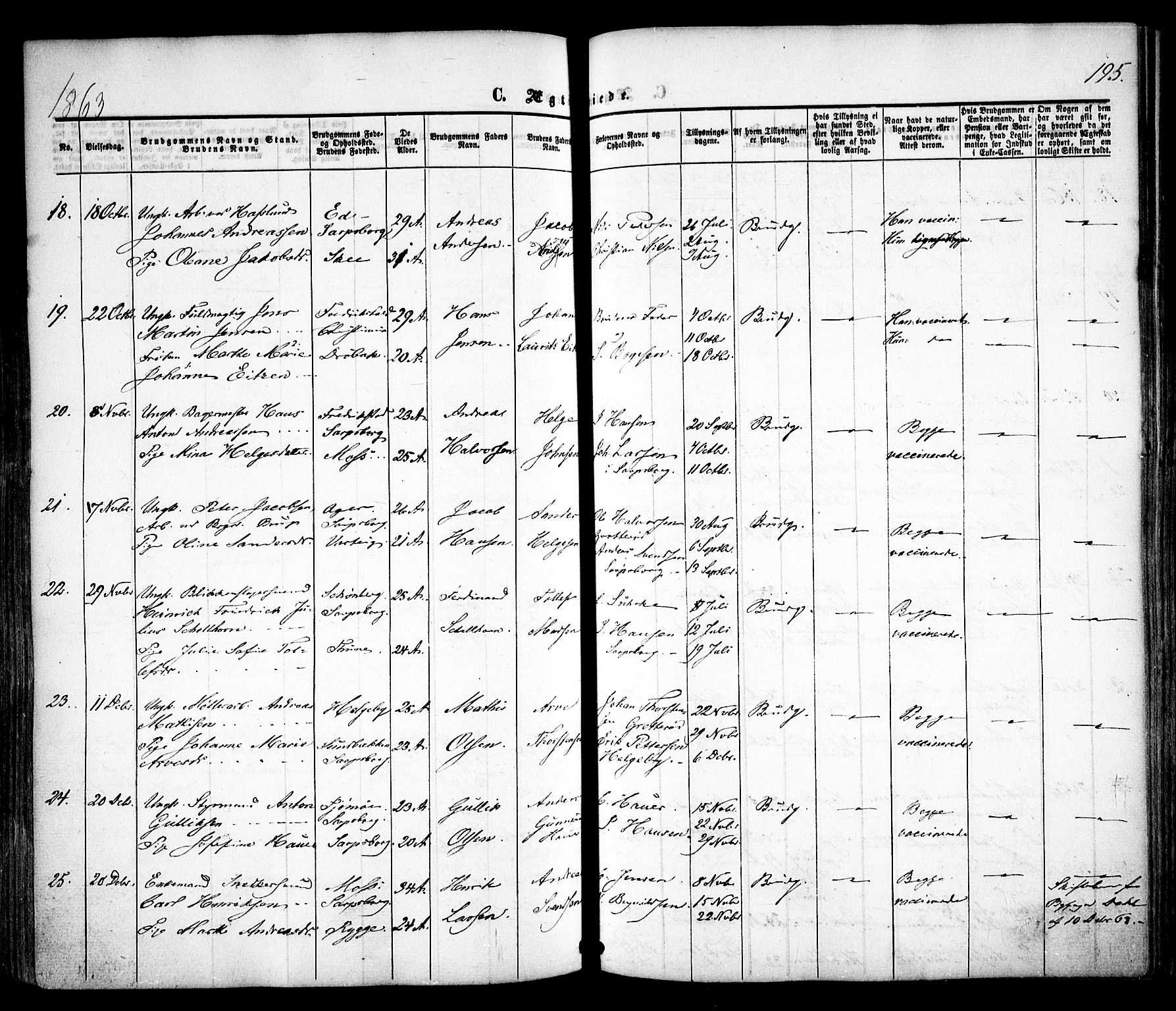 Sarpsborg prestekontor Kirkebøker, AV/SAO-A-2006/F/Fa/L0001: Parish register (official) no. 1, 1859-1868, p. 195