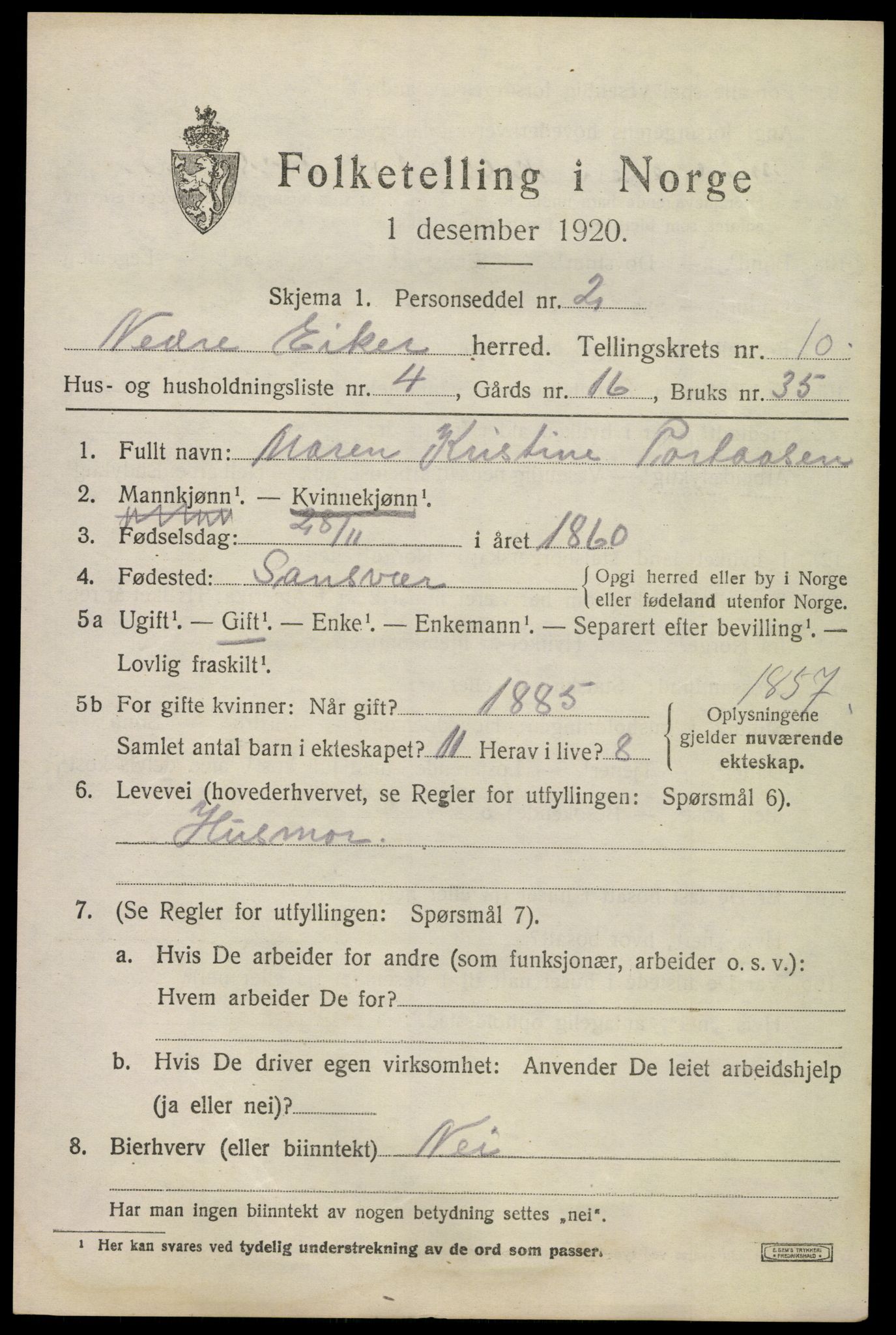 SAKO, 1920 census for Nedre Eiker, 1920, p. 9927