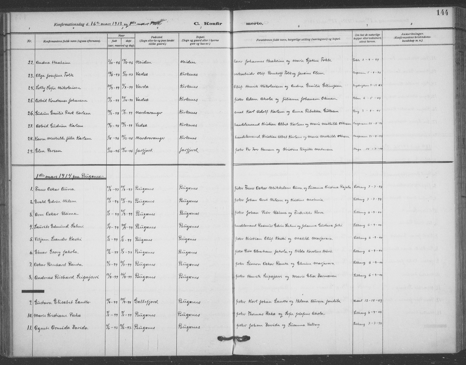 Sør-Varanger sokneprestkontor, AV/SATØ-S-1331/H/Ha/L0005kirke: Parish register (official) no. 5, 1909-1919, p. 144