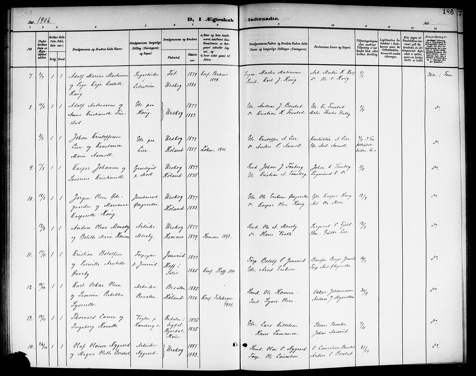 Aurskog prestekontor Kirkebøker, SAO/A-10304a/G/Ga/L0004: Parish register (copy) no. I 4, 1901-1921, p. 186