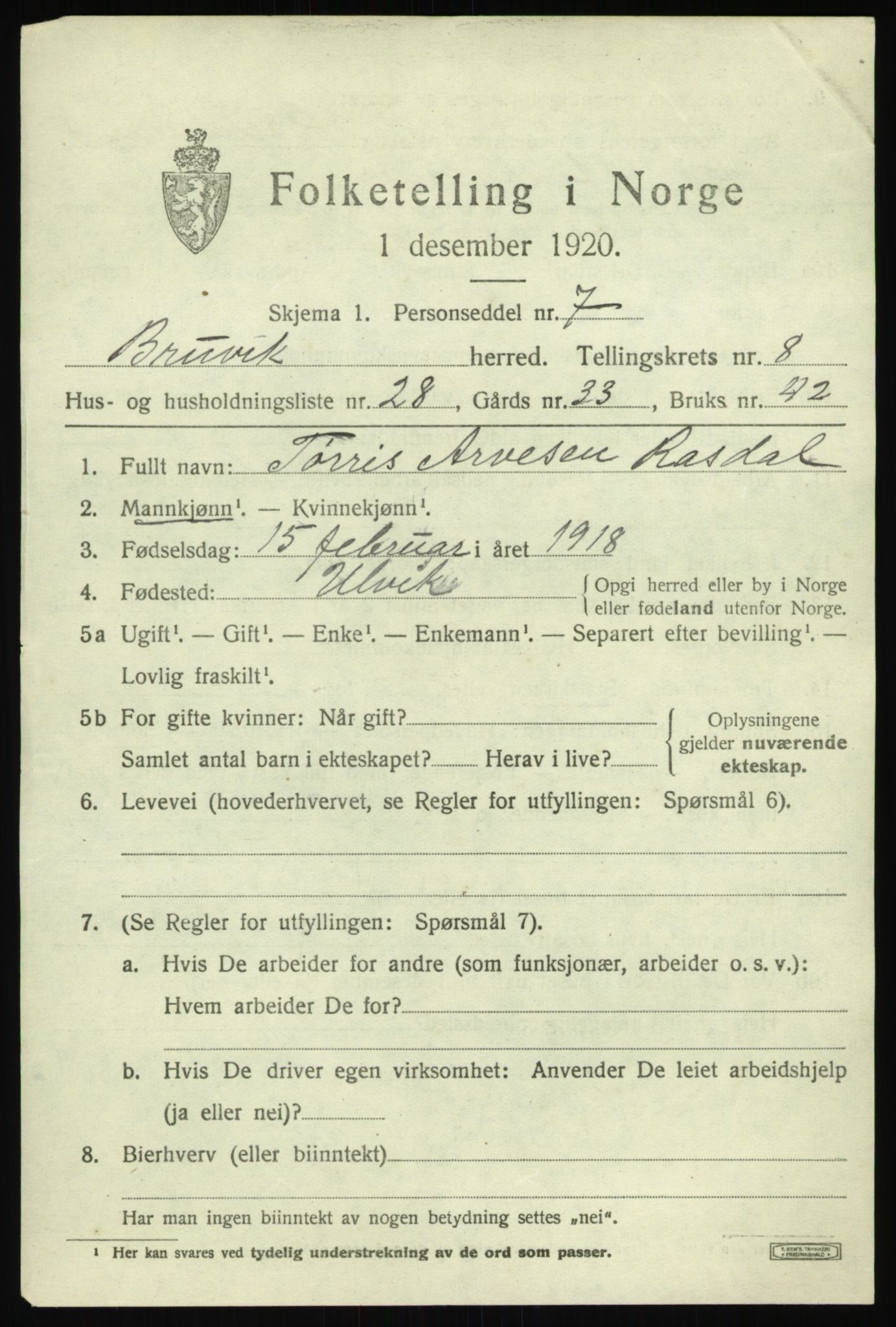 SAB, 1920 census for Bruvik, 1920, p. 5442