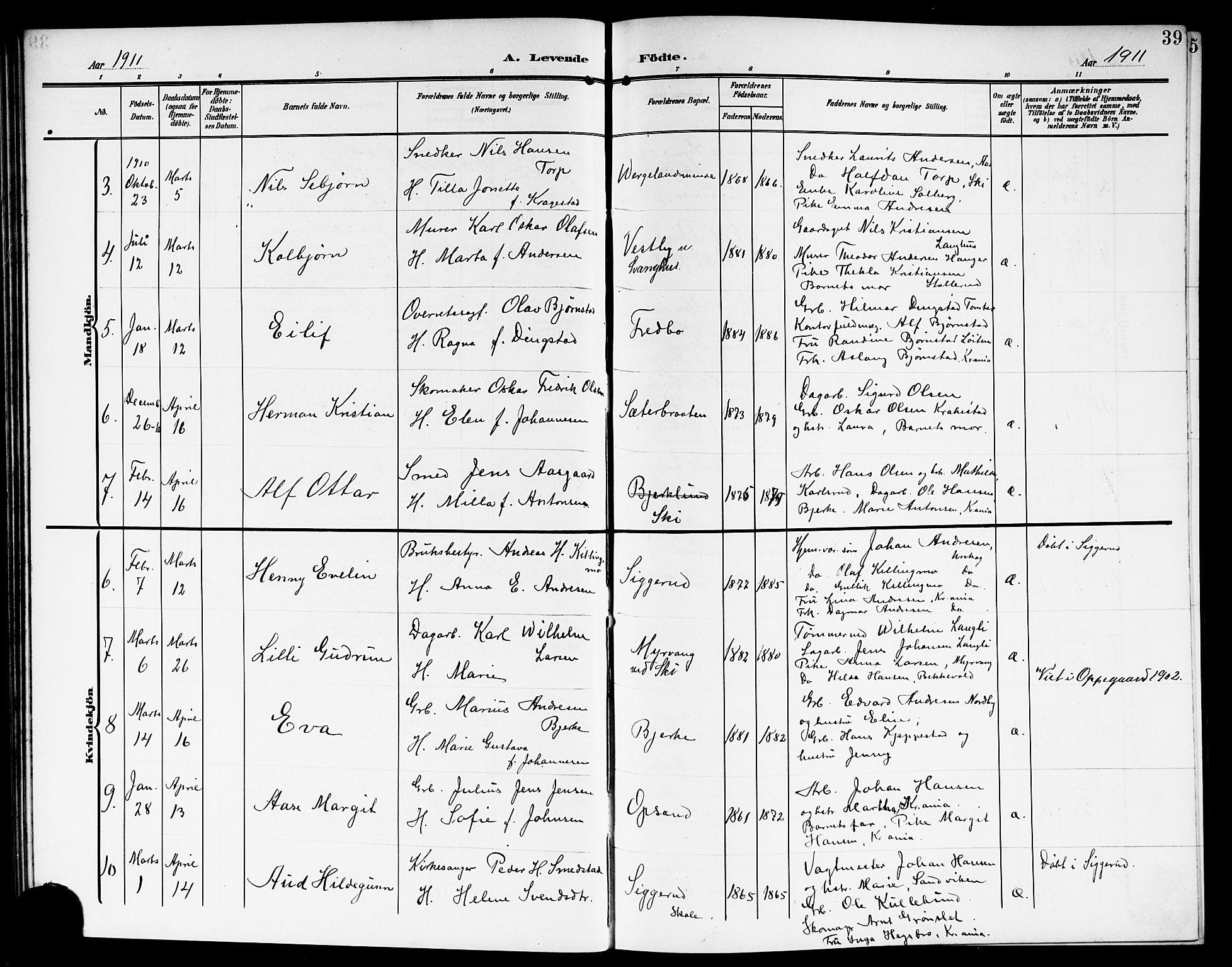 Kråkstad prestekontor Kirkebøker, AV/SAO-A-10125a/G/Gb/L0001: Parish register (copy) no. II 1, 1905-1920, p. 39