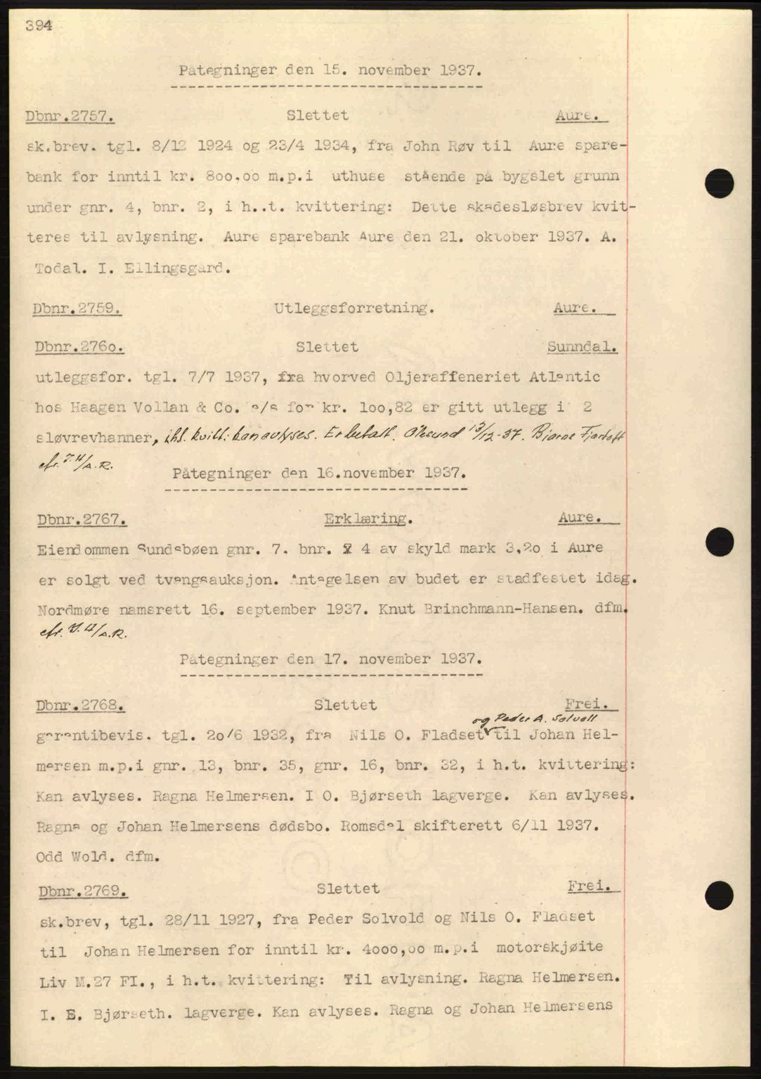 Nordmøre sorenskriveri, AV/SAT-A-4132/1/2/2Ca: Mortgage book no. C80, 1936-1939, Diary no: : 2757/1937