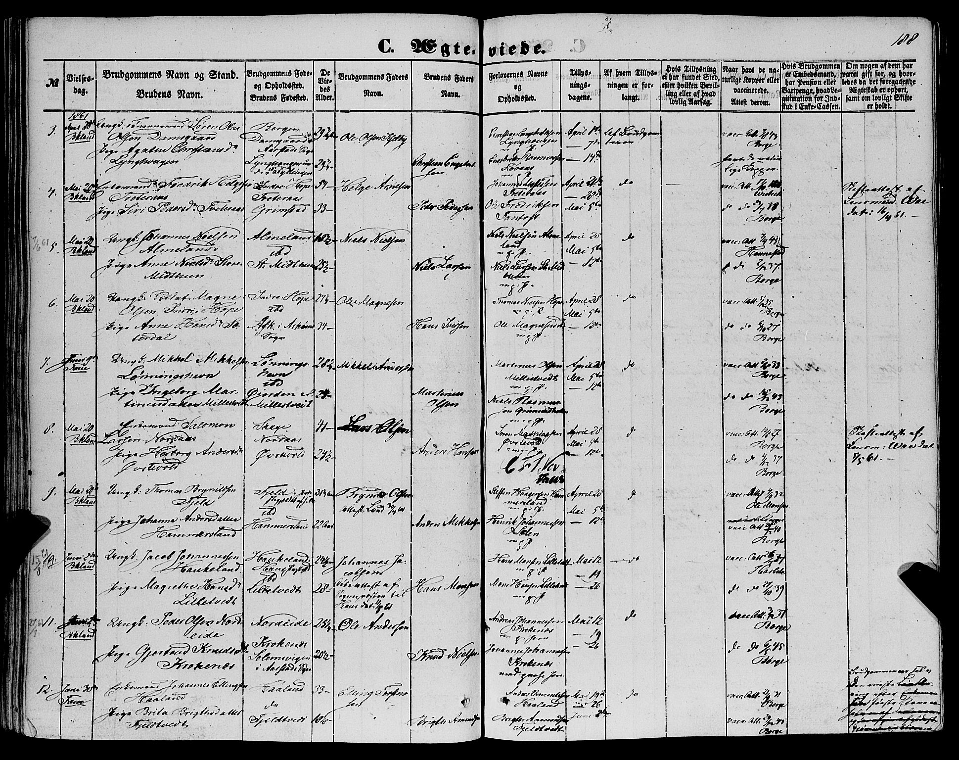 Fana Sokneprestembete, AV/SAB-A-75101/H/Haa/Haaa/L0011: Parish register (official) no. A 11, 1851-1862, p. 188