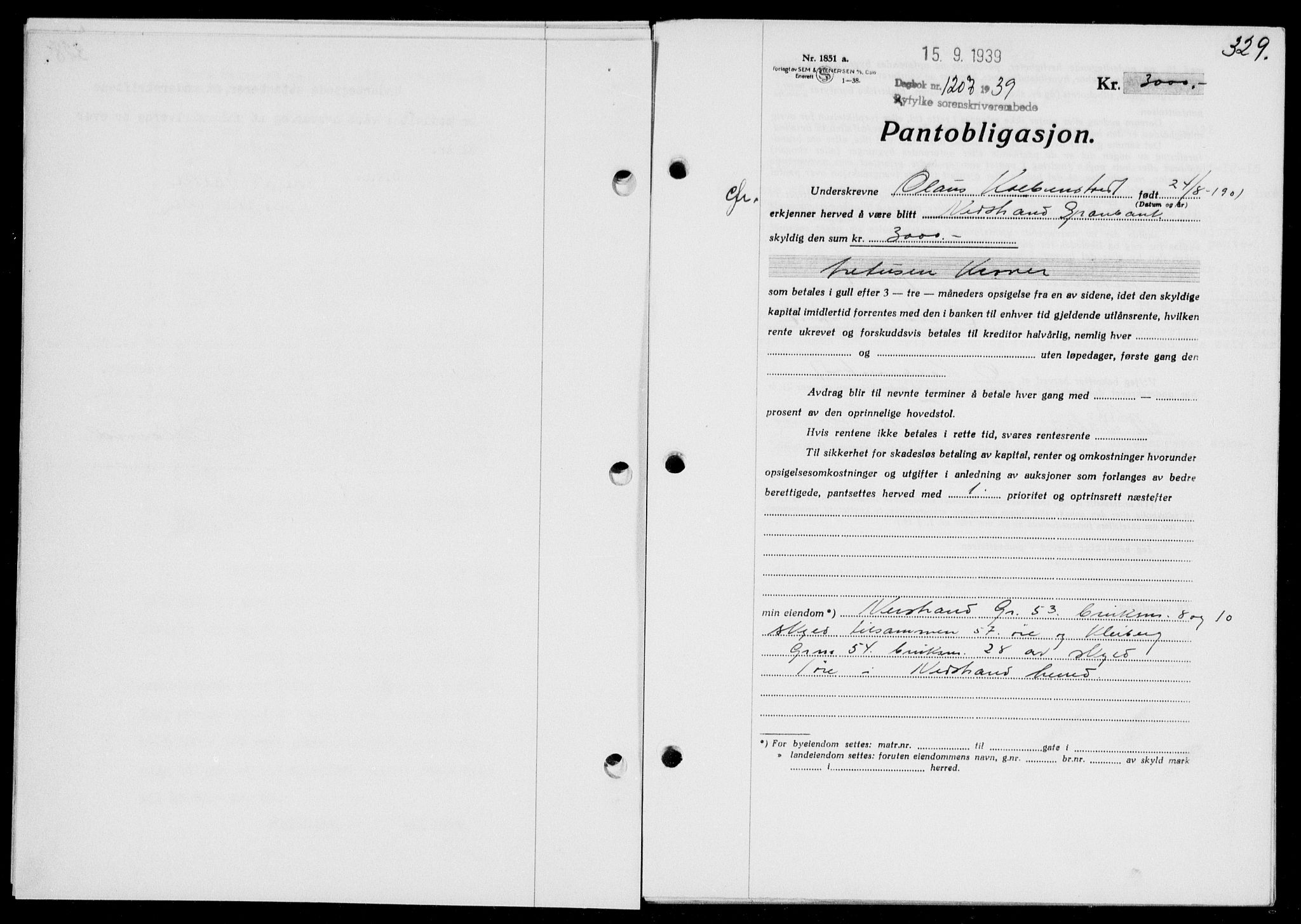 Ryfylke tingrett, AV/SAST-A-100055/001/II/IIB/L0080: Mortgage book no. 59, 1939-1939, Diary no: : 1207/1939