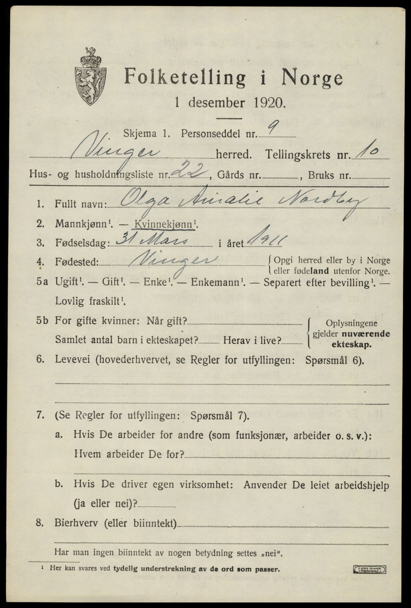 SAH, 1920 census for Vinger, 1920, p. 8790