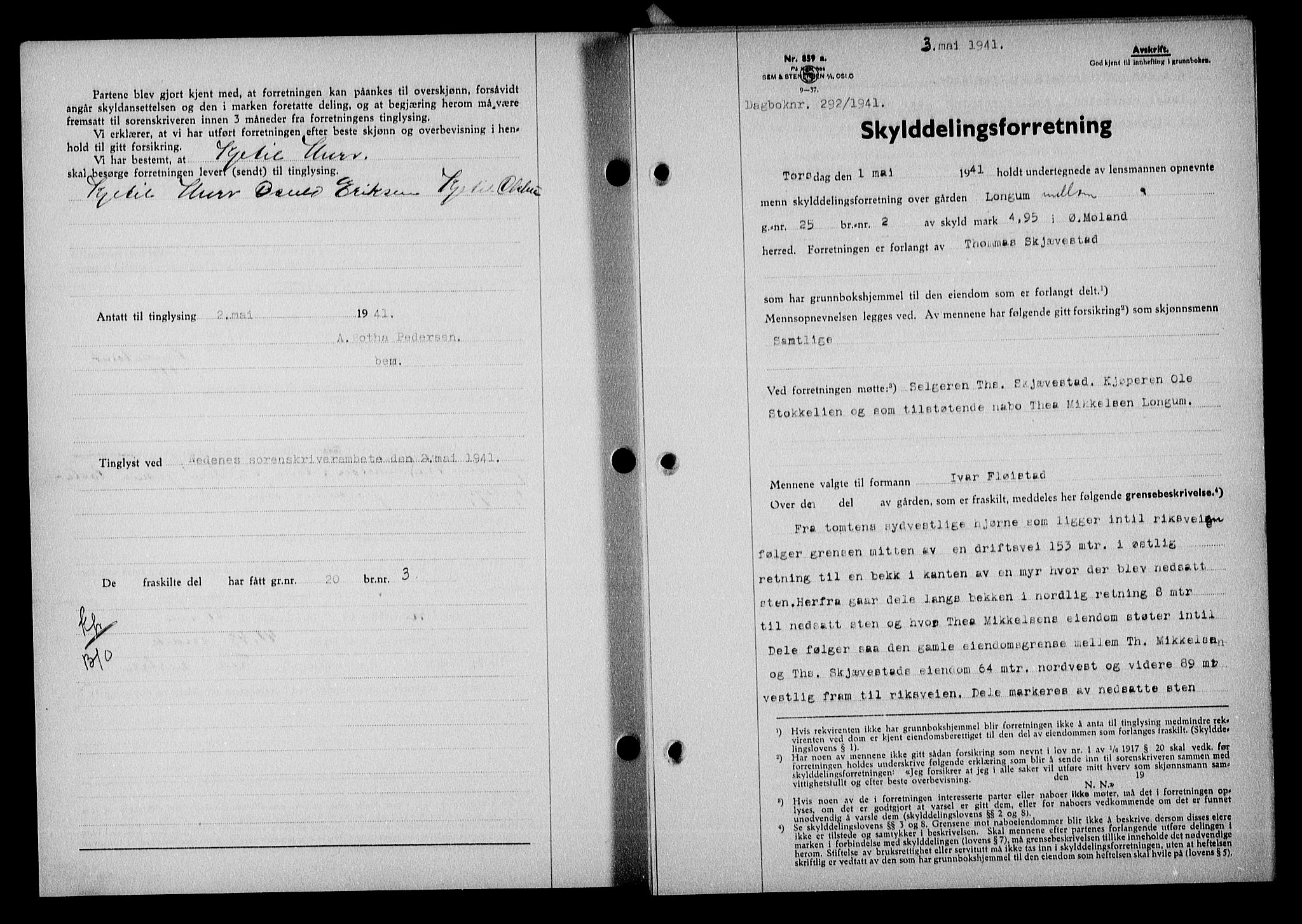 Nedenes sorenskriveri, SAK/1221-0006/G/Gb/Gba/L0048: Mortgage book no. A-II, 1940-1941, Diary no: : 292/1941