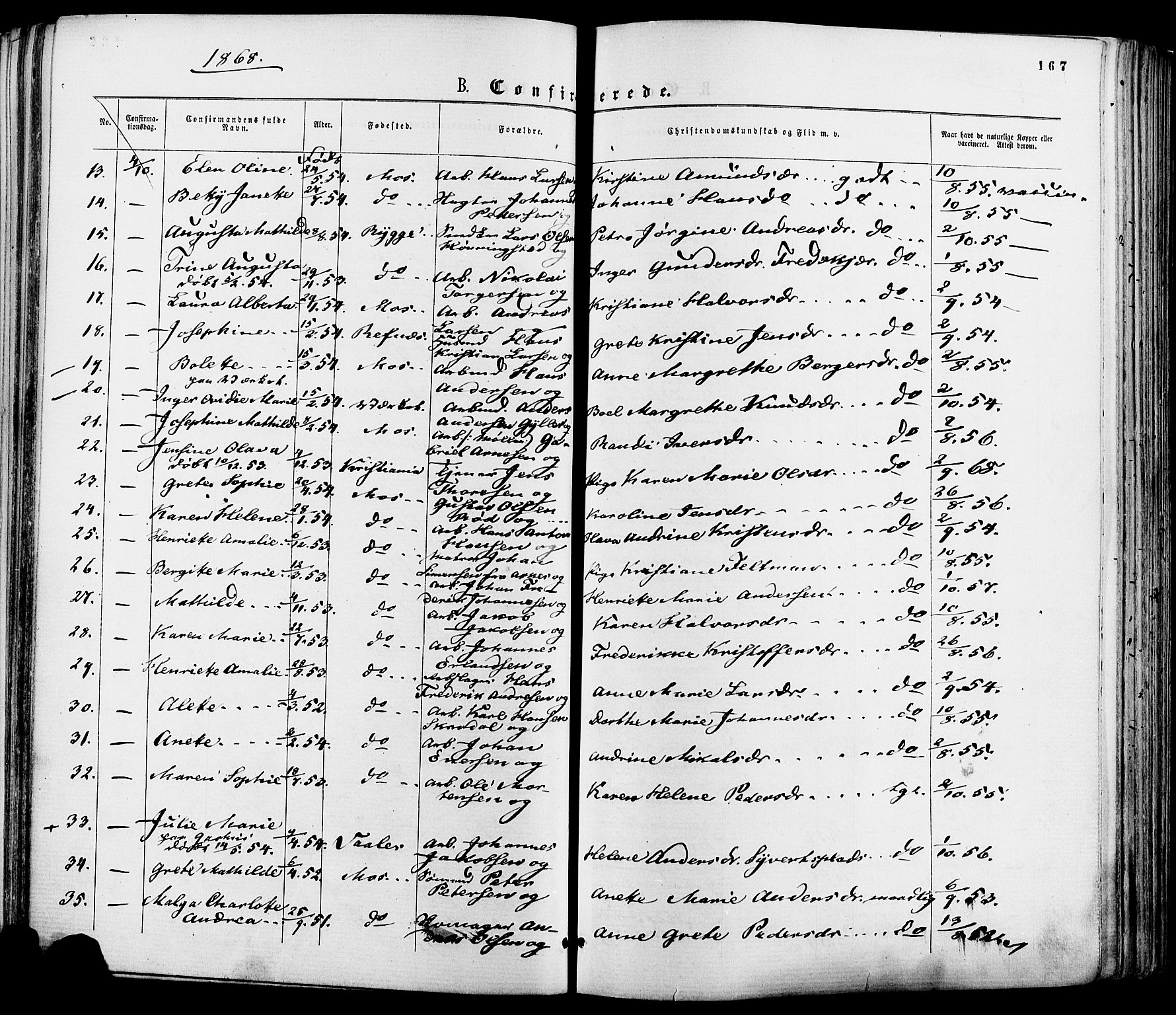 Moss prestekontor Kirkebøker, AV/SAO-A-2003/F/Fa/L0009: Parish register (official) no. I 9, 1861-1869, p. 167