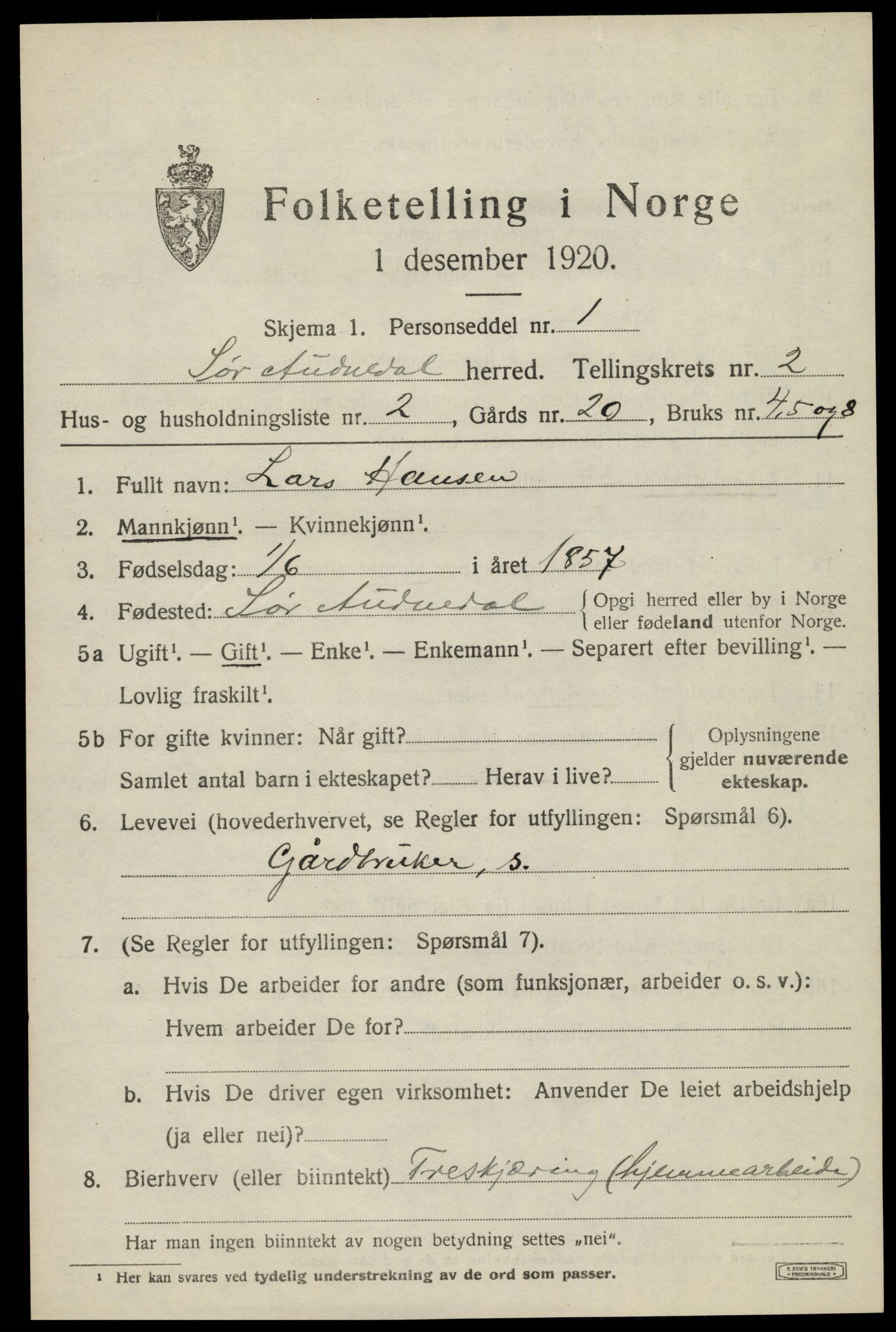 SAK, 1920 census for Sør-Audnedal, 1920, p. 1593