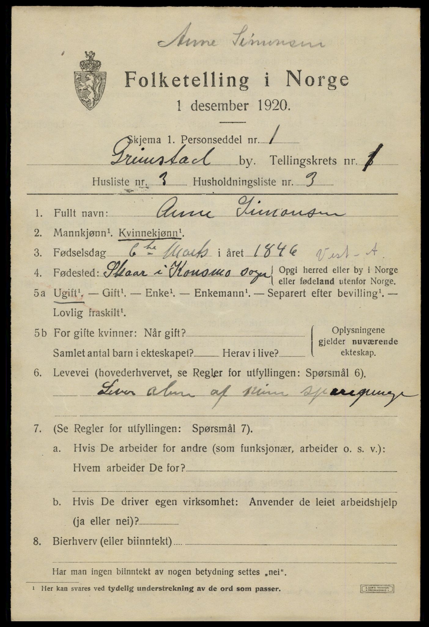 SAK, 1920 census for Grimstad, 1920, p. 2333